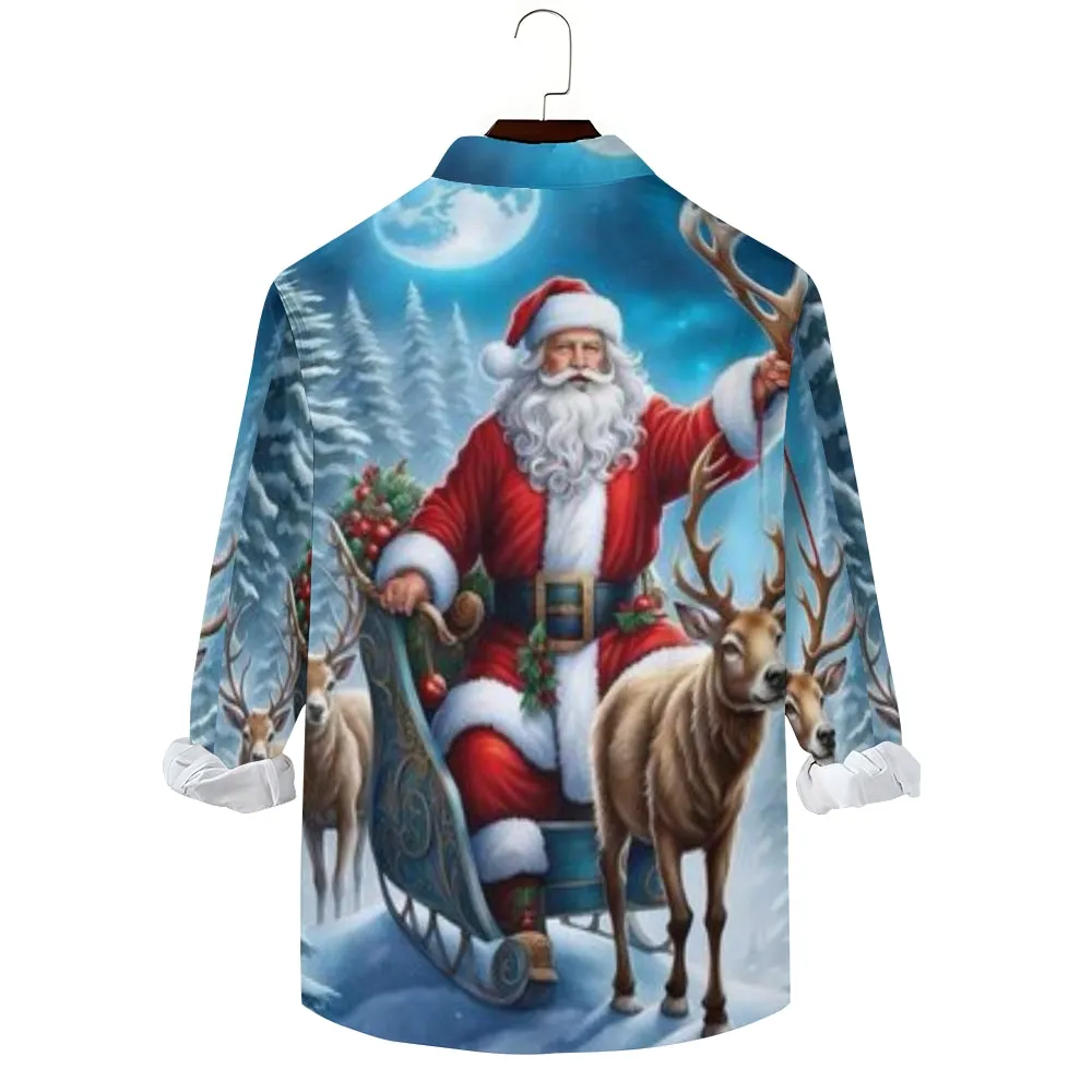 Mens Christmas Santa Claus Reindeer Print Long Sleeve Shirt