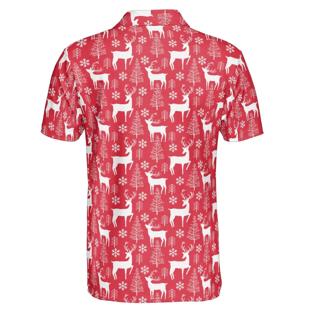 Men's Red Christmas Polo Festive Reindeer Moisture Wicking Short Sleeve Golf Shirt