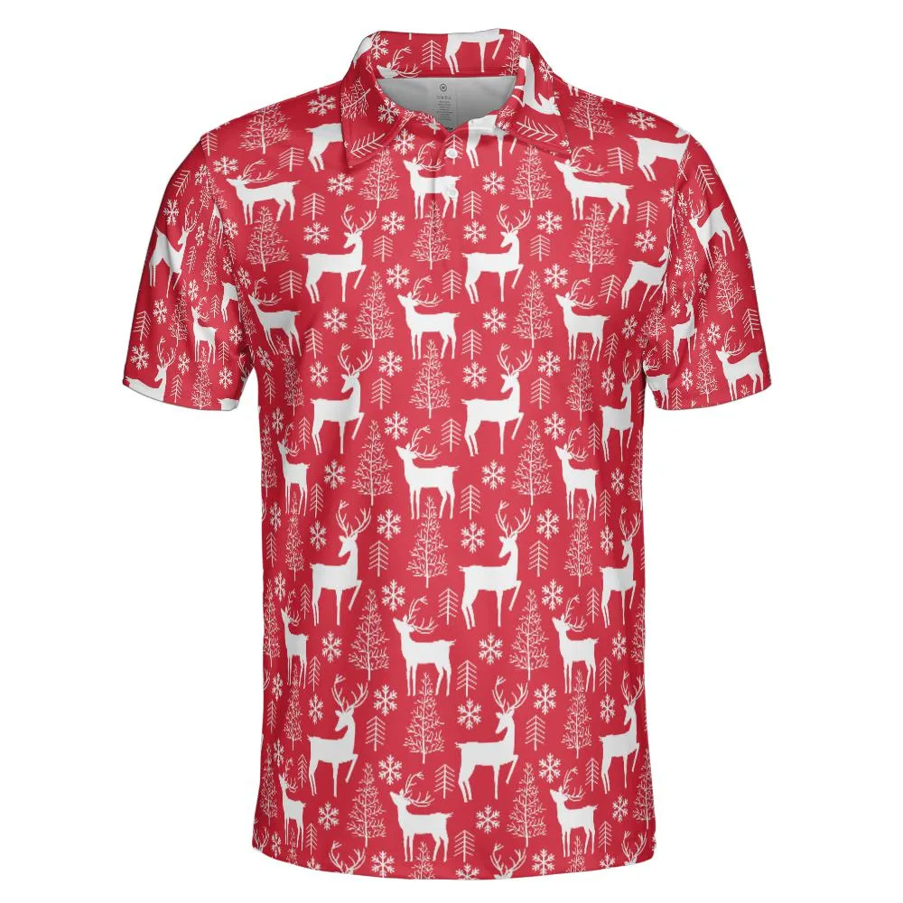 Men's Red Christmas Polo Festive Reindeer Moisture Wicking Short Sleeve Golf Shirt