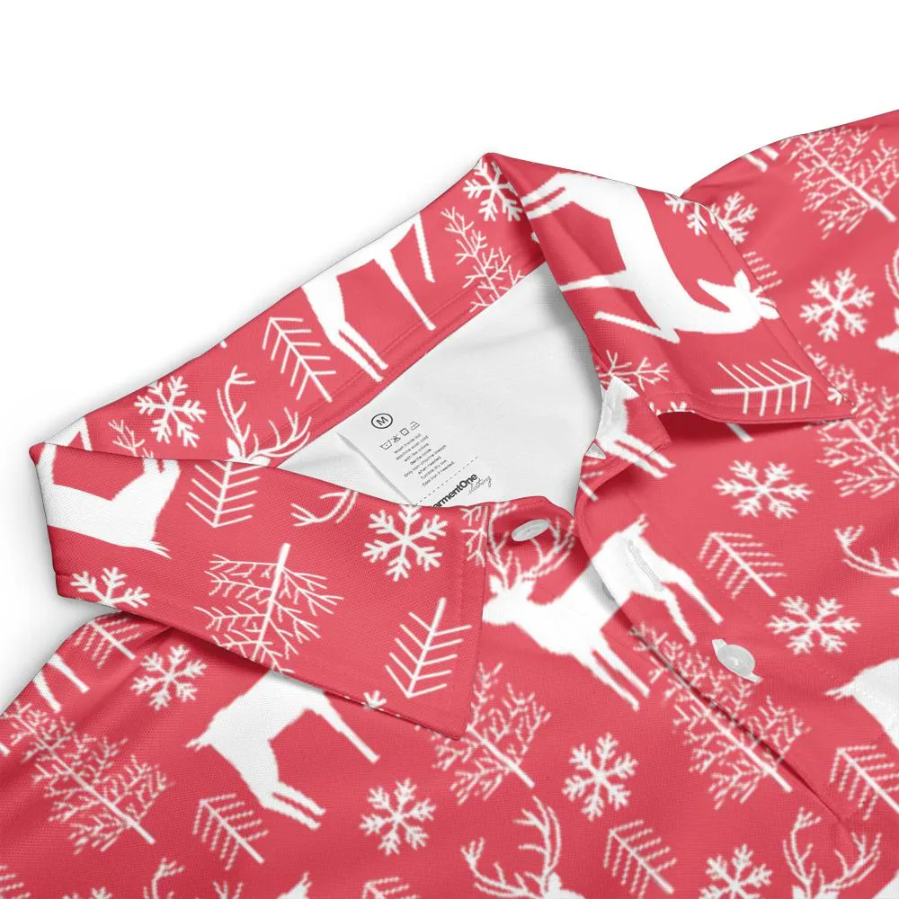 Men's Red Christmas Polo Festive Reindeer Moisture Wicking Short Sleeve Golf Shirt