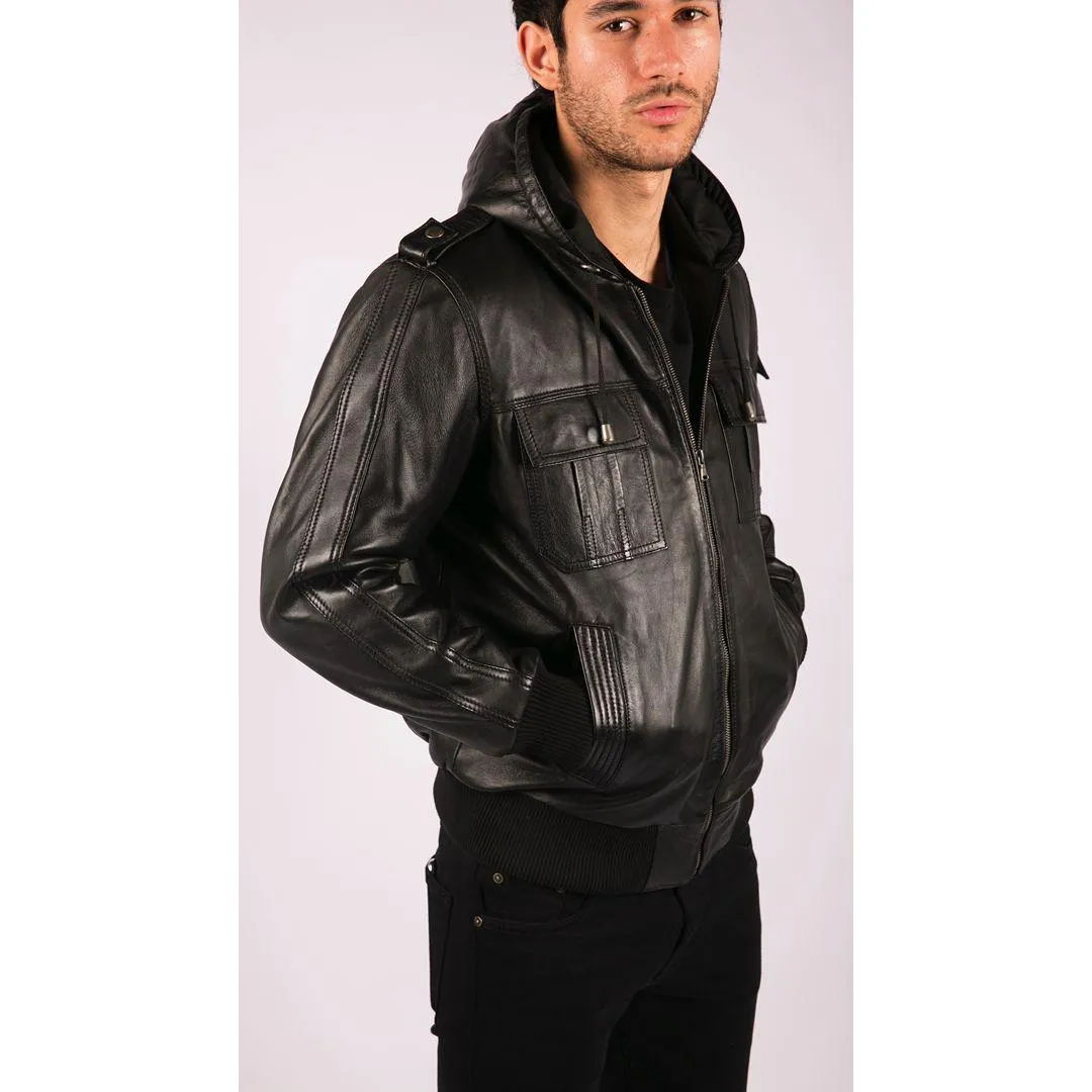 Mens Slim Fit Black Hooded Real Leather Jacket