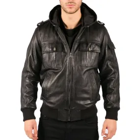 Mens Slim Fit Black Hooded Real Leather Jacket