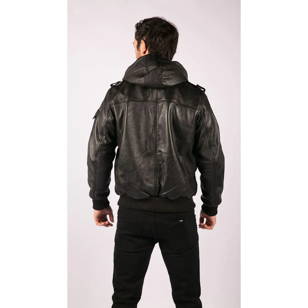 Mens Slim Fit Black Hooded Real Leather Jacket