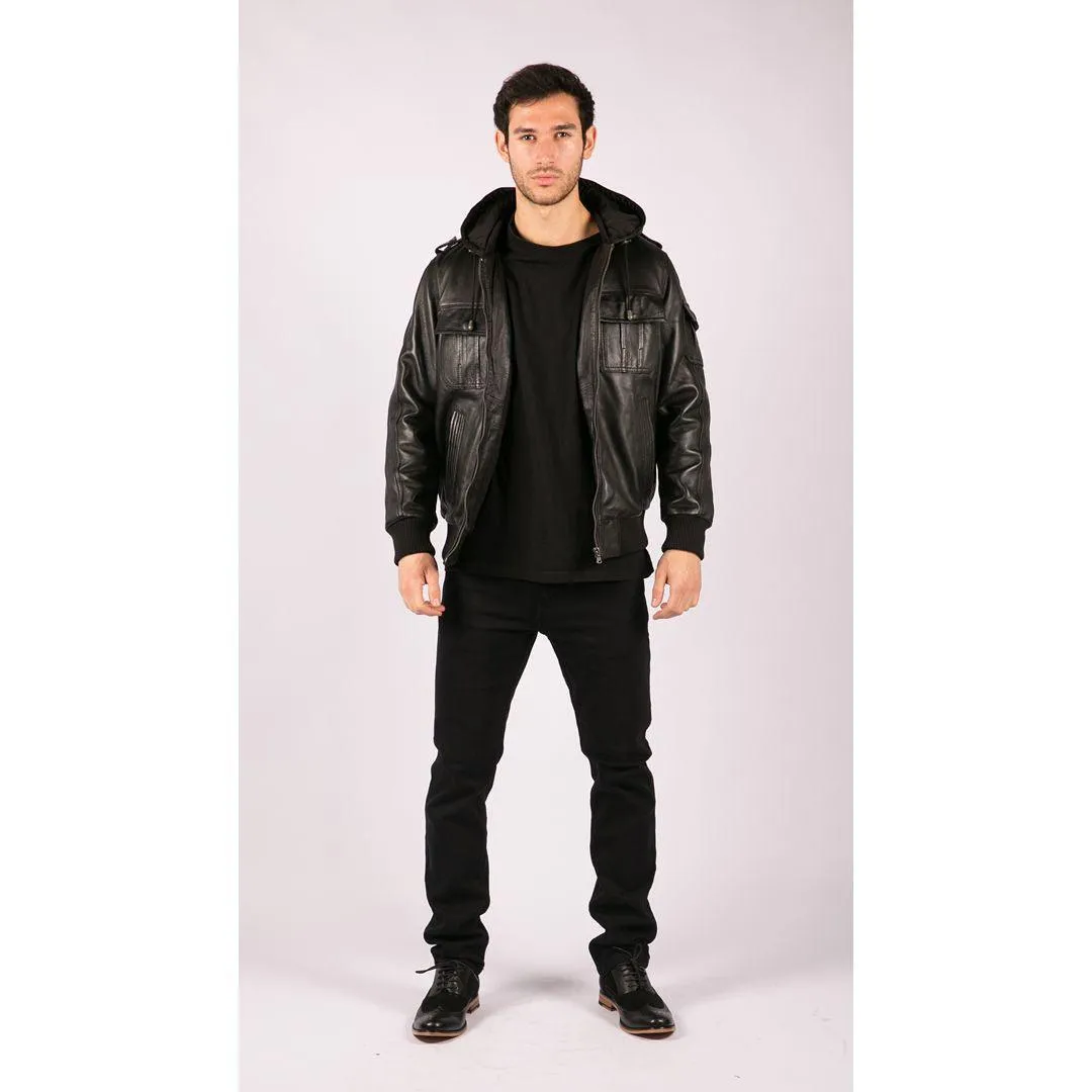 Mens Slim Fit Black Hooded Real Leather Jacket