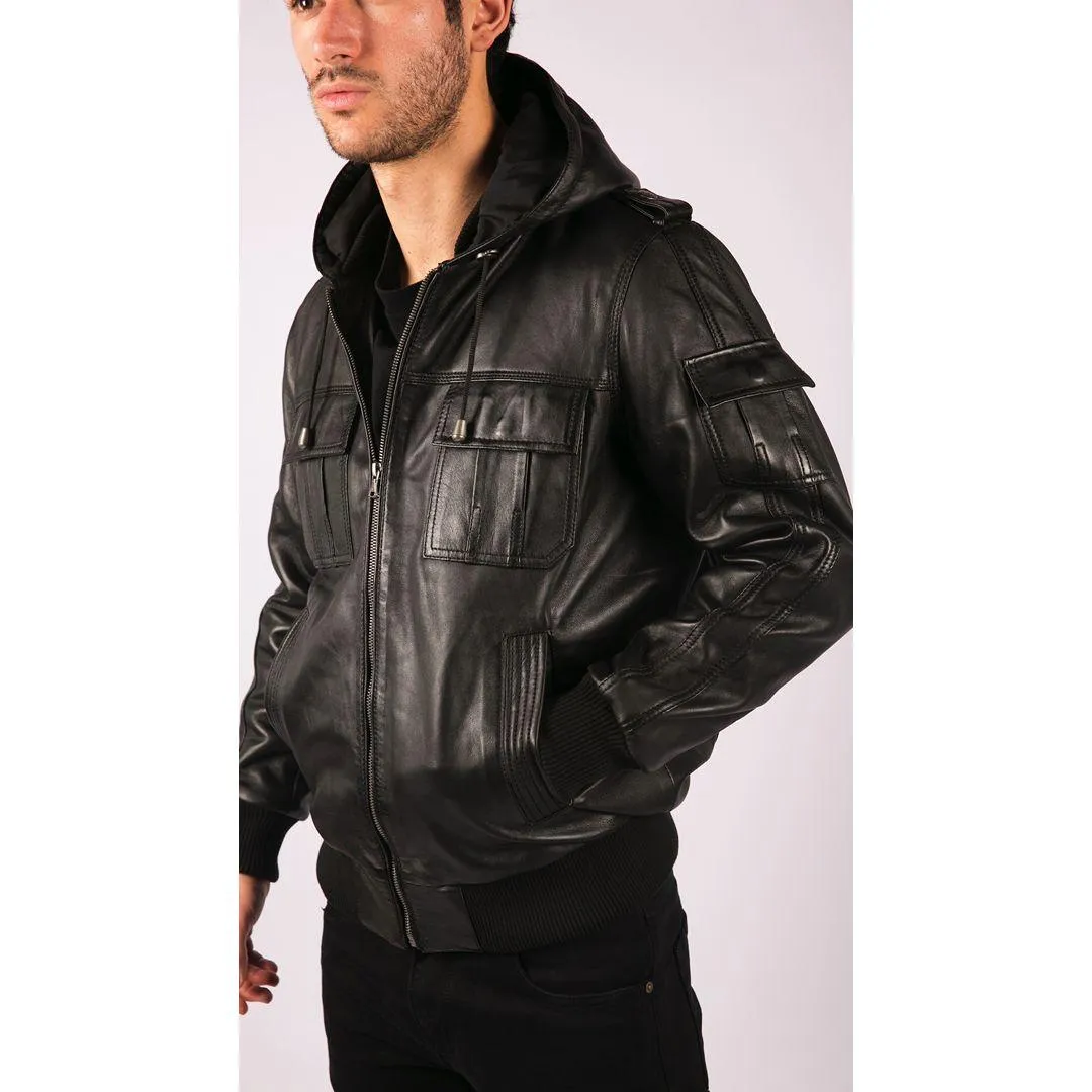 Mens Slim Fit Black Hooded Real Leather Jacket