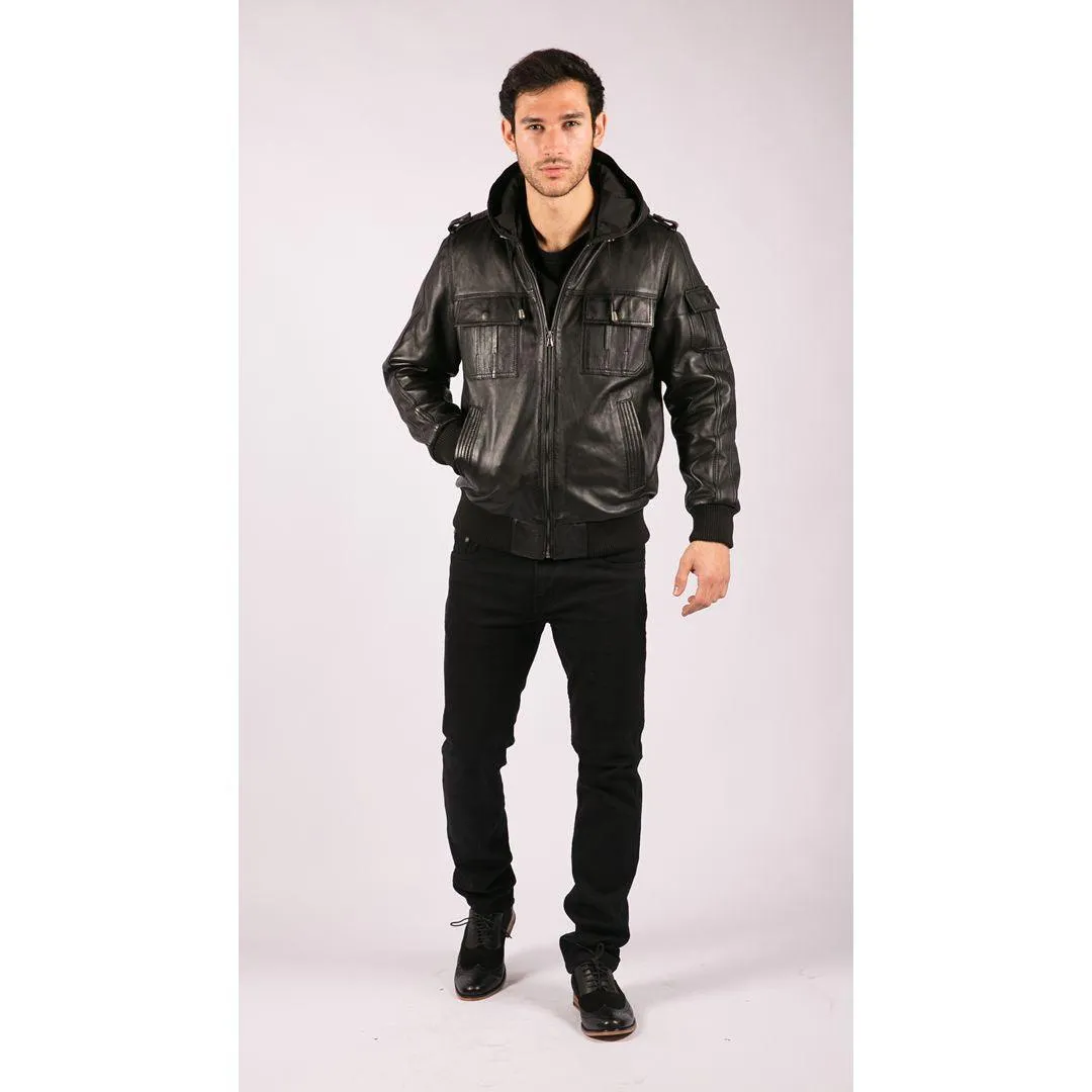 Mens Slim Fit Black Hooded Real Leather Jacket