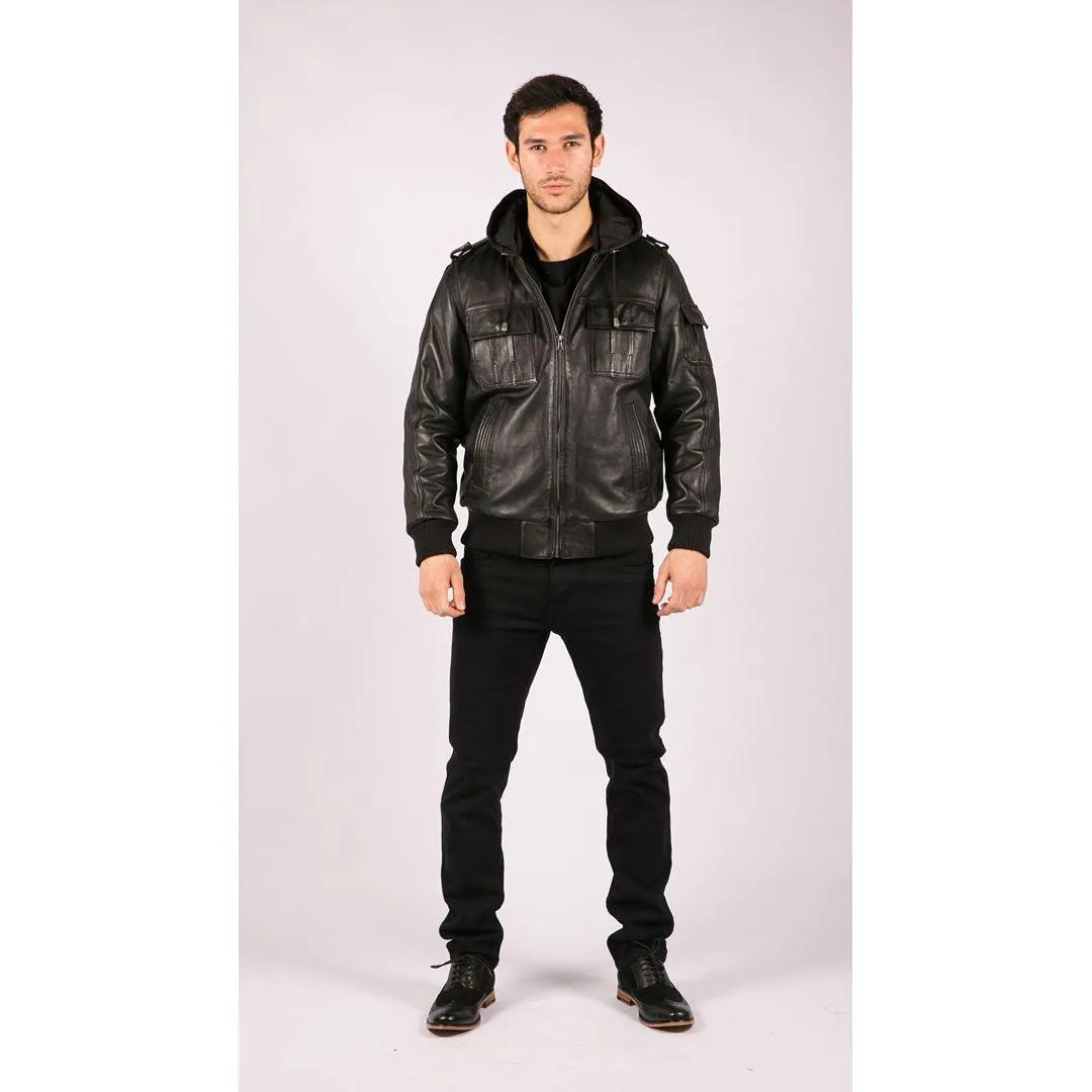 Mens Slim Fit Black Hooded Real Leather Jacket