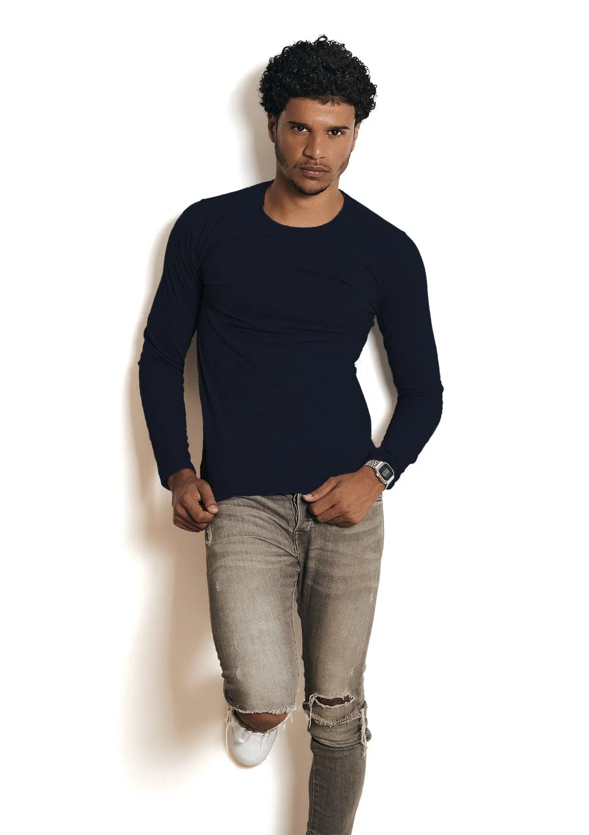 Mens T-Shirt Long Sleeve Crew Neck Navy Blue