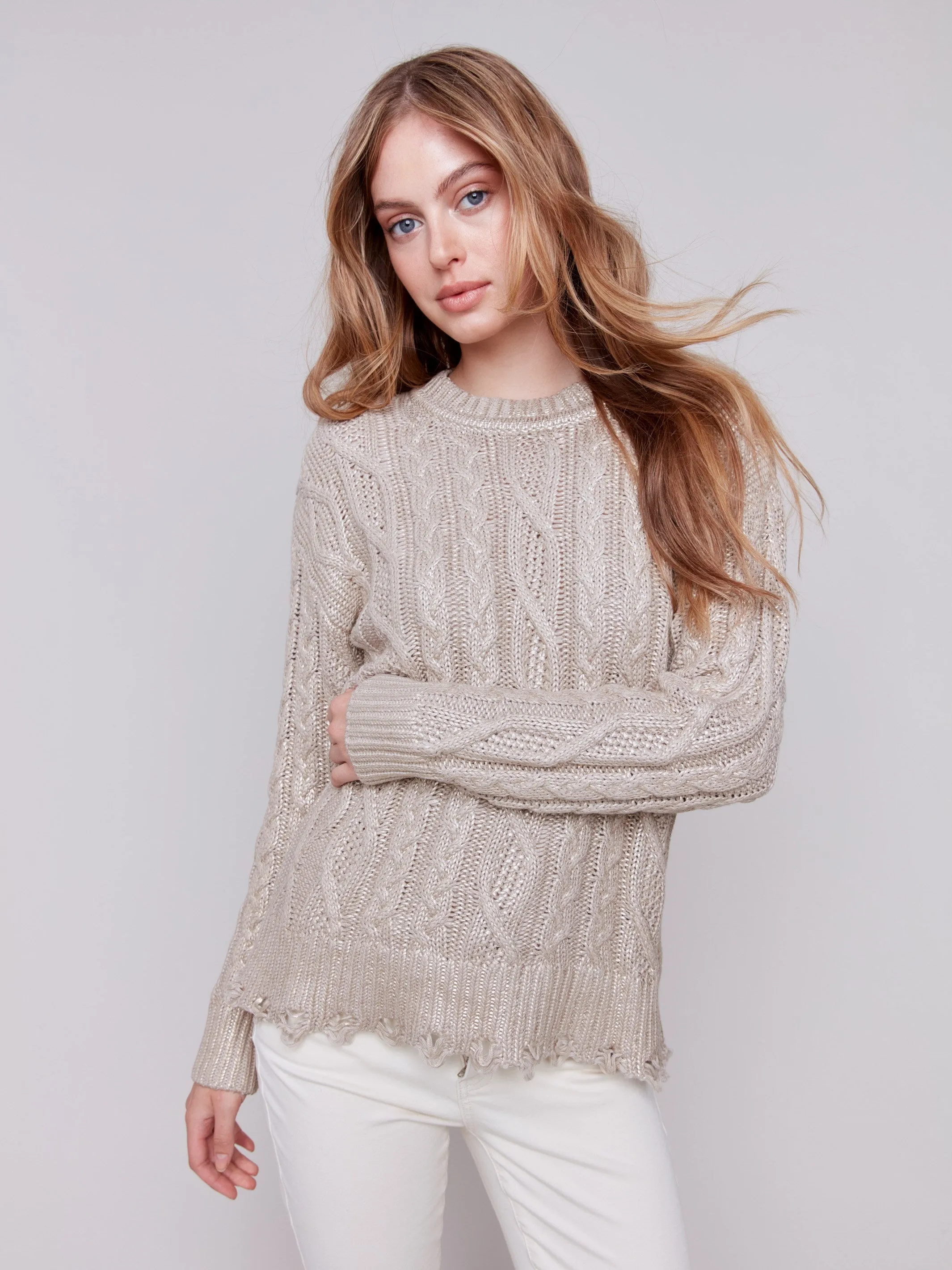 Metallic Cable Knit Sweater - Champagne