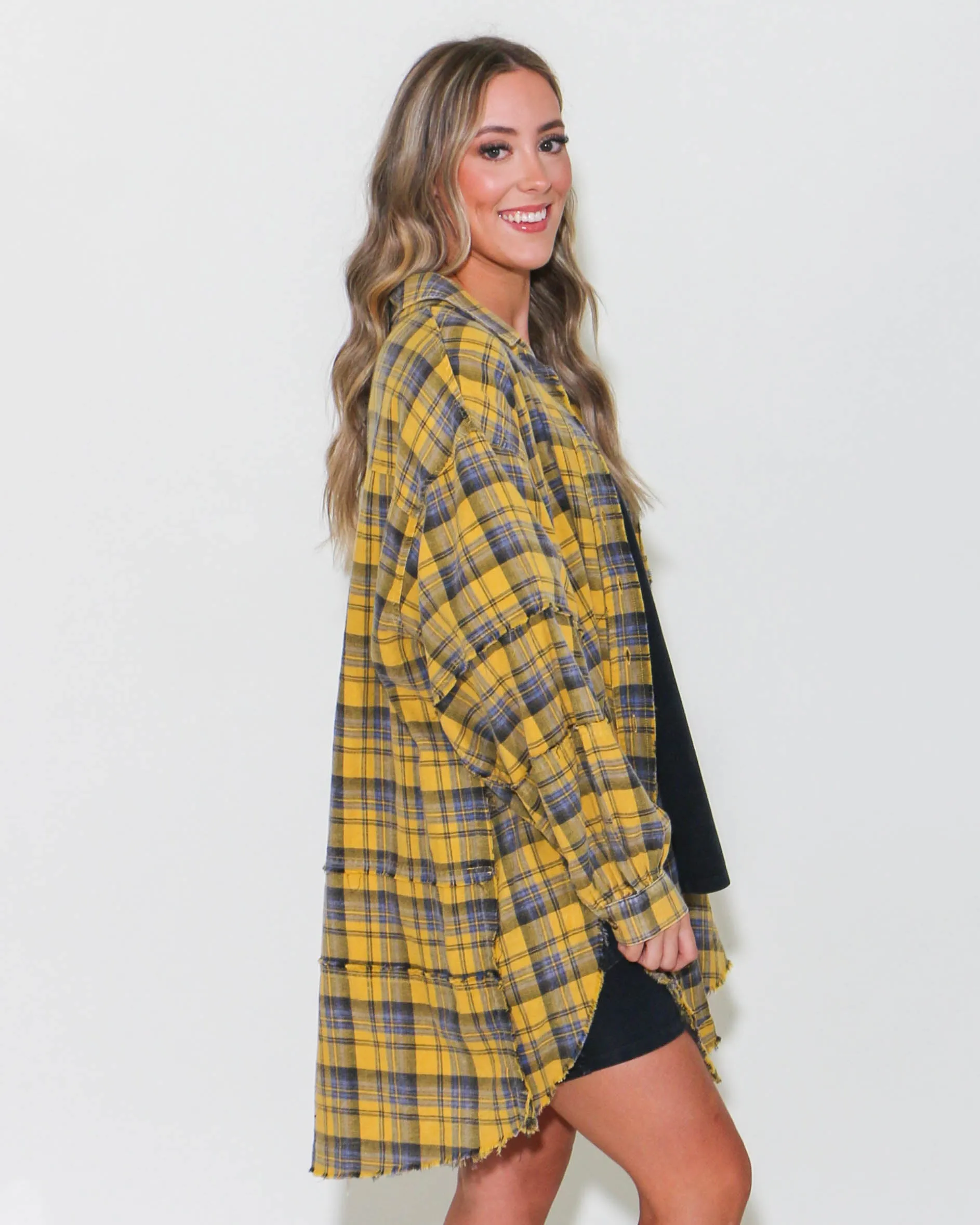 Mustard Mineral Wash Plaid Button Down Top