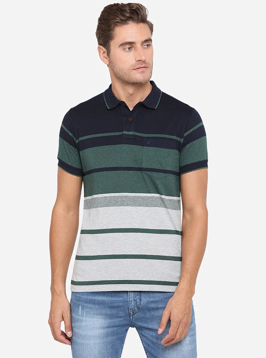 Navy Blue & Green Striped Slim Fit Polo T-Shirt | Greenfibre