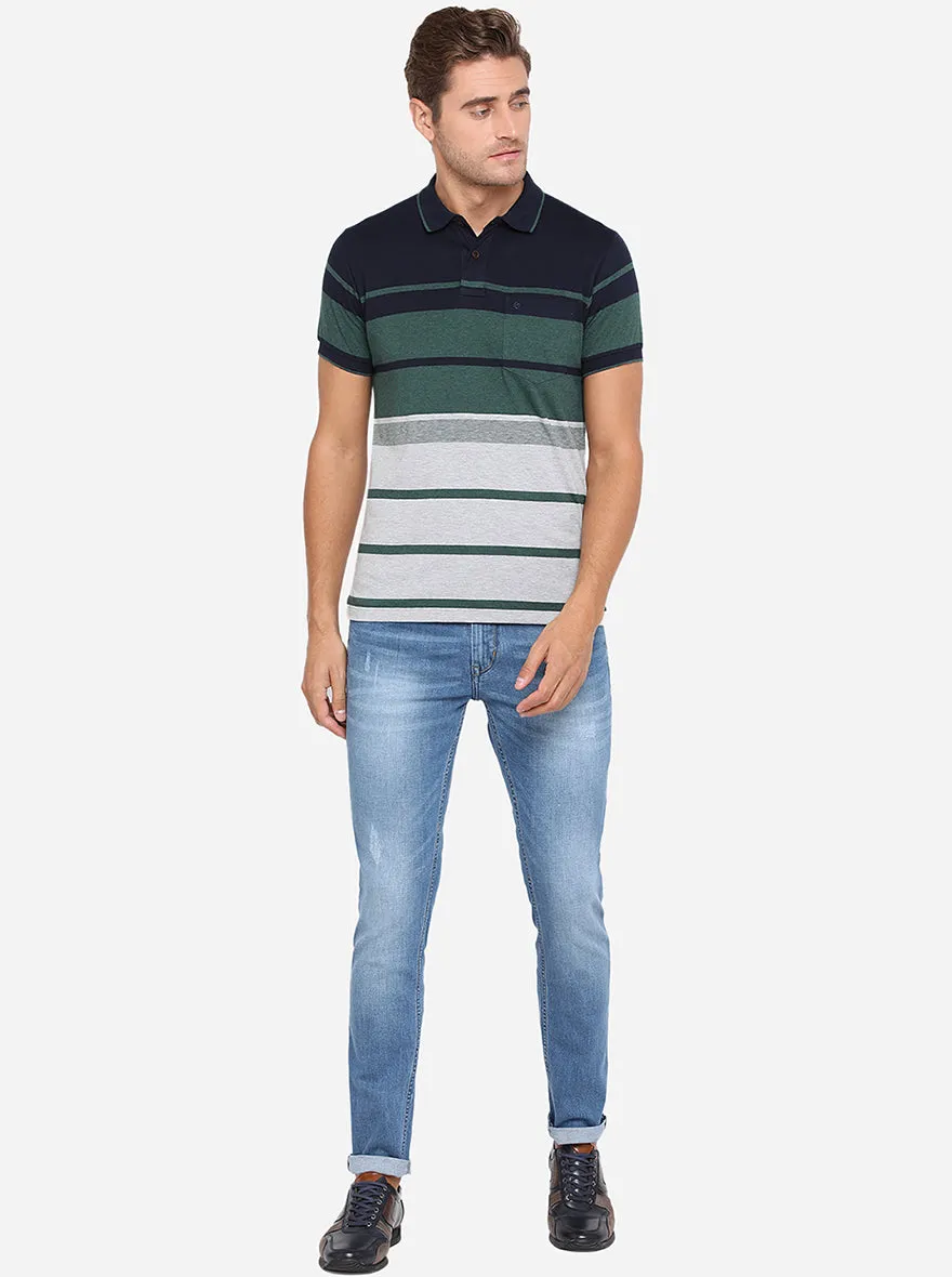 Navy Blue & Green Striped Slim Fit Polo T-Shirt | Greenfibre