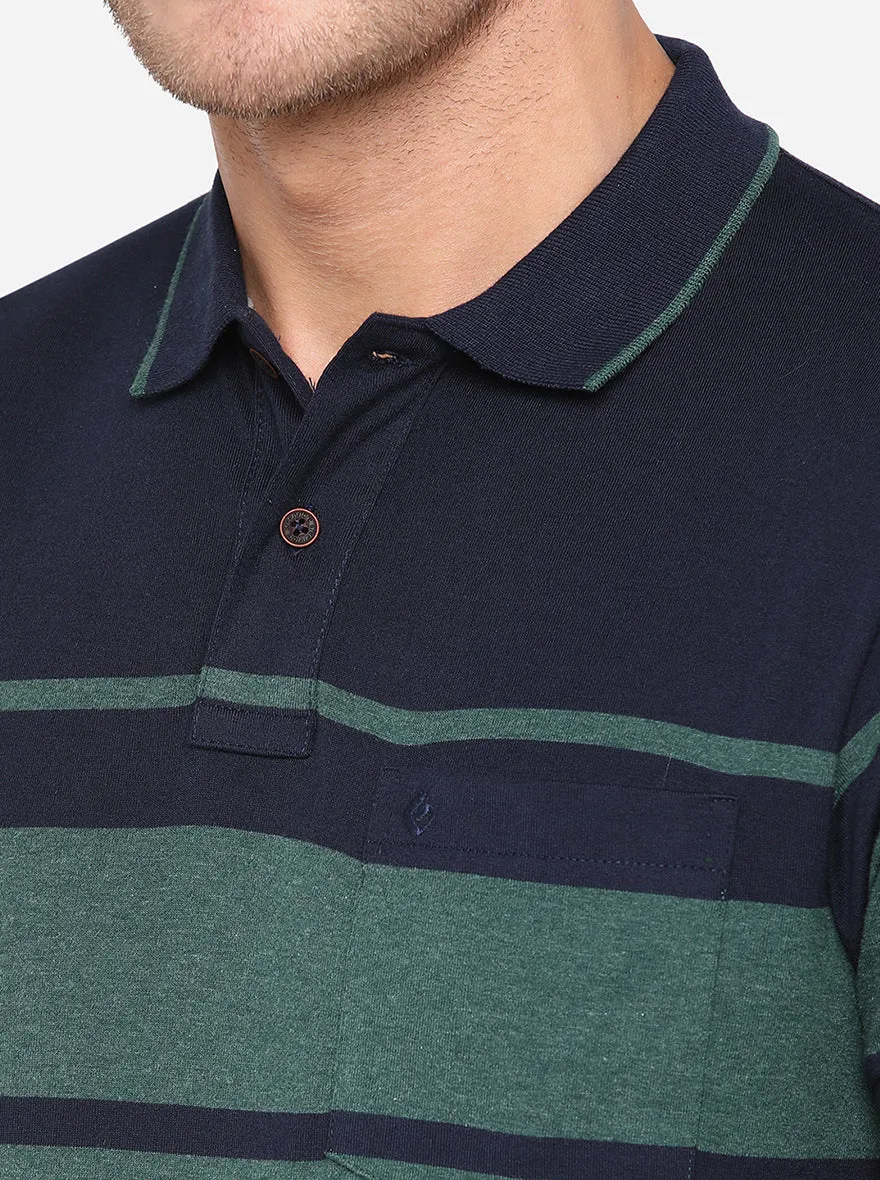 Navy Blue & Green Striped Slim Fit Polo T-Shirt | Greenfibre