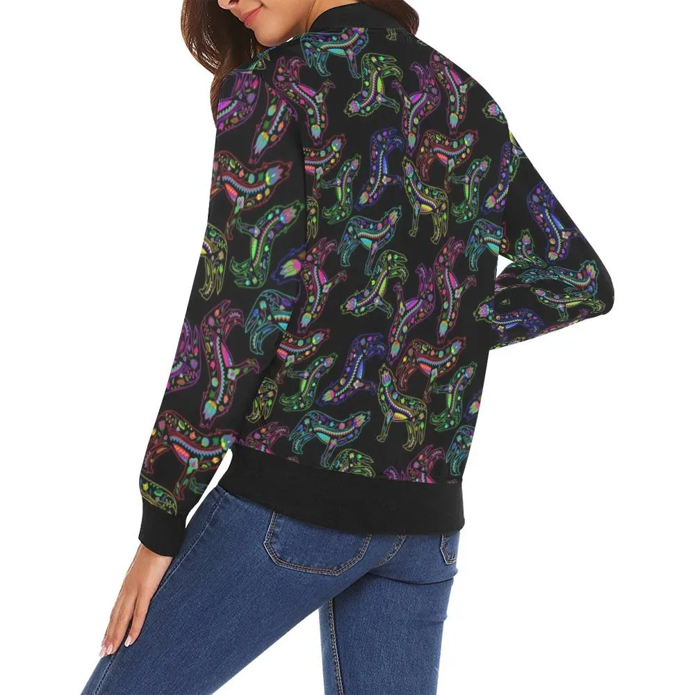 Neon Floral Wolves Bomber Jacket for Women