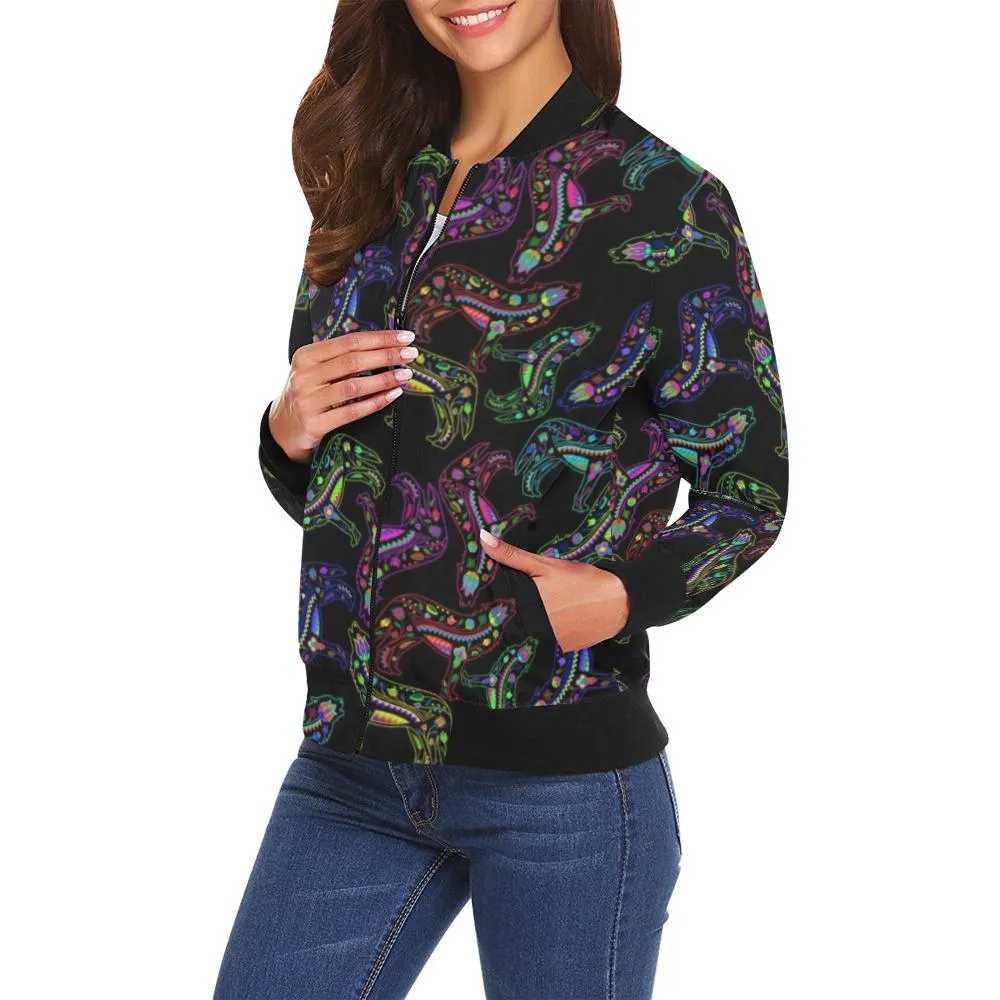 Neon Floral Wolves Bomber Jacket for Women