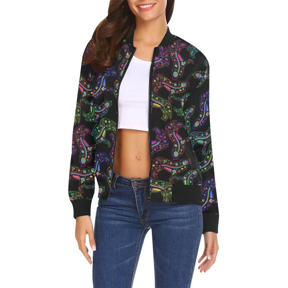 Neon Floral Wolves Bomber Jacket for Women