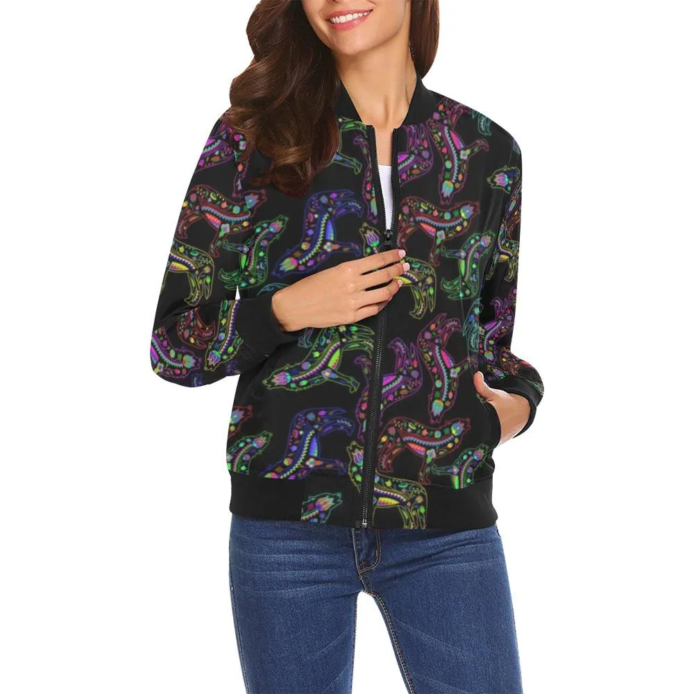 Neon Floral Wolves Bomber Jacket for Women