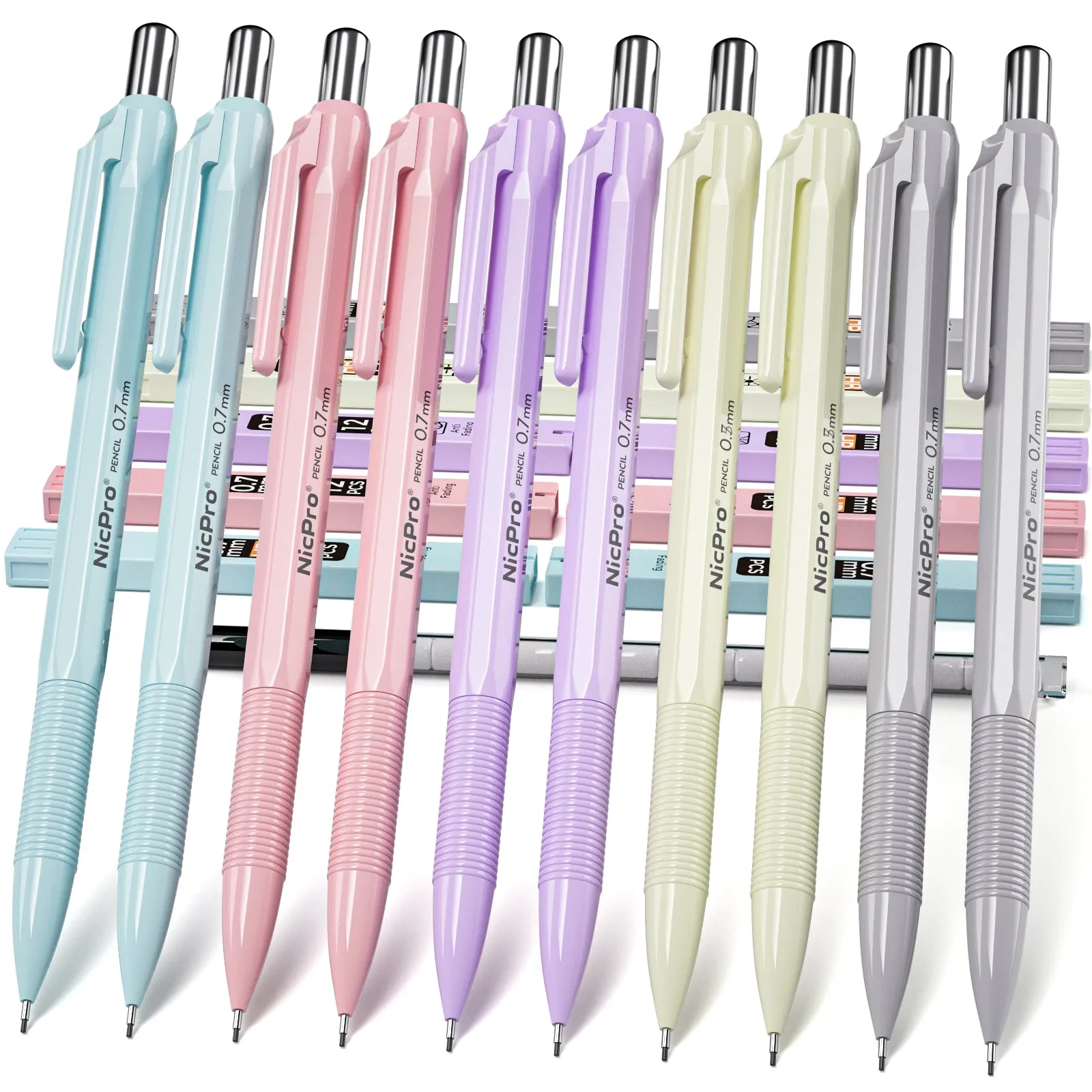 Nicpro 10 Pack 0.7 mm Mechanical Pencil Bulk Set with Case, Cute Candy Pastel Art Drafting Pencils 0.7mm with 10 Tube HB Lead Refills, Eraser for Kid School Students Artist Writing Drawing, Sketching