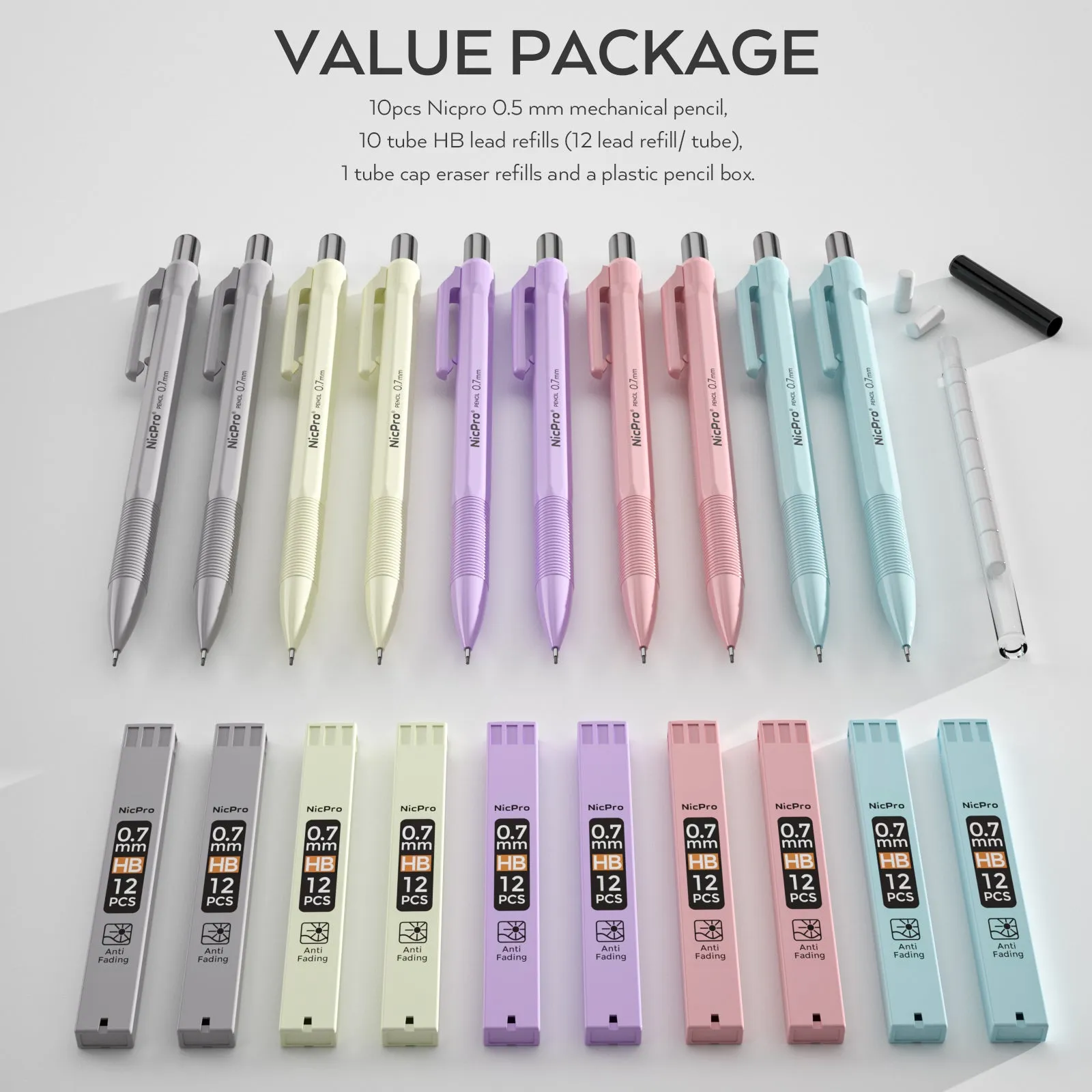 Nicpro 10 Pack 0.7 mm Mechanical Pencil Bulk Set with Case, Cute Candy Pastel Art Drafting Pencils 0.7mm with 10 Tube HB Lead Refills, Eraser for Kid School Students Artist Writing Drawing, Sketching