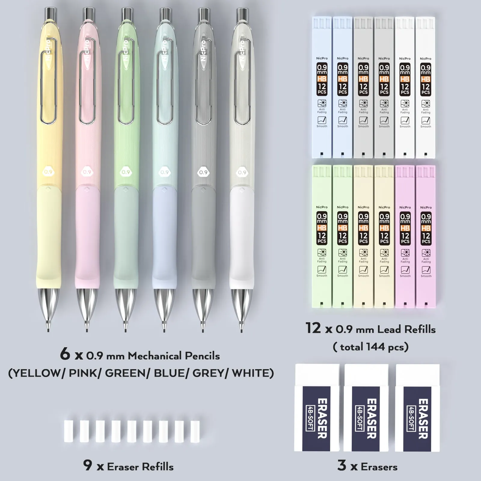 Nicpro 6 Color Pastel Mechanical Pencil Set 0.9 mm for School, Cute Mechanical Pencils with Ergonomic Comfort Grip, 12 Tube HB Lead Refill, 3 Eraser, for Student Writing, Drawing, Sketching- with Case