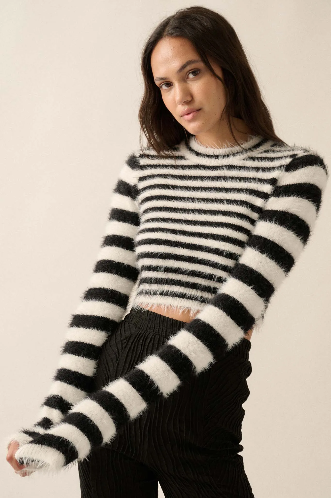 Outside the Lines Striped Fuzzy Knit Crop Sweater