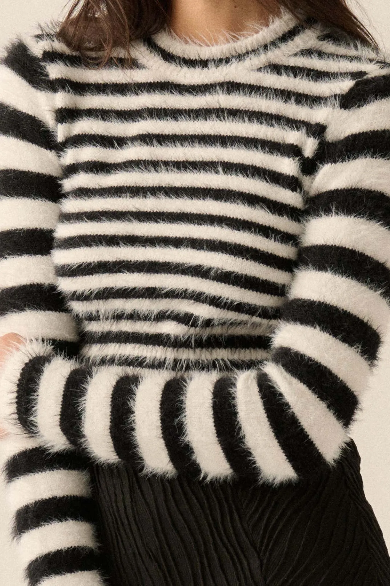 Outside the Lines Striped Fuzzy Knit Crop Sweater