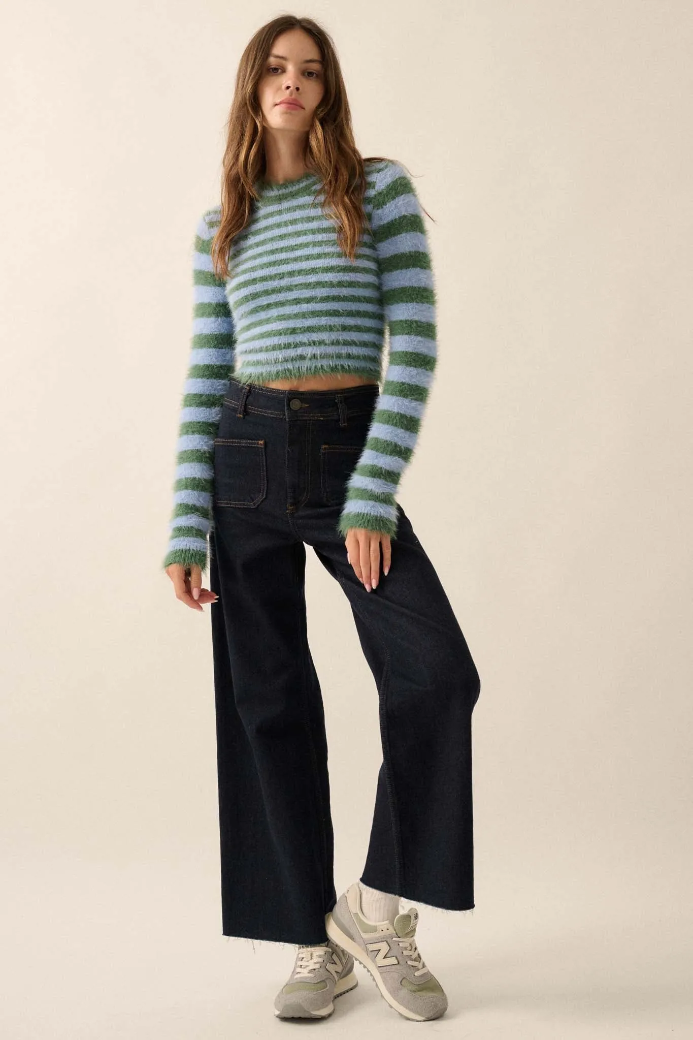 Outside the Lines Striped Fuzzy Knit Crop Sweater