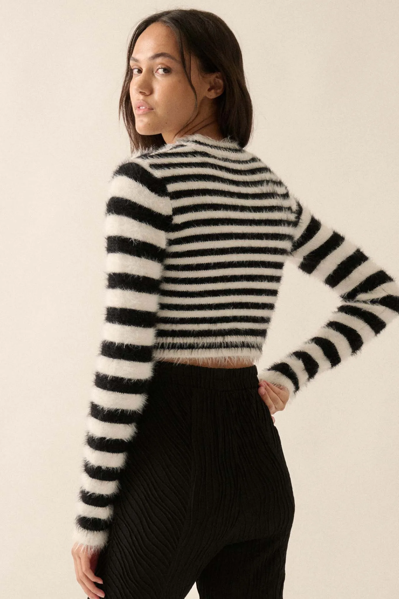 Outside the Lines Striped Fuzzy Knit Crop Sweater