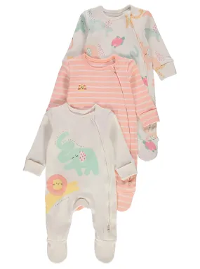 Pastel Animal Ribbed 3 Pack Sleepsuits