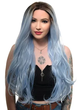 Pastel Blue Rooted Long Wavy Lace Front Fashion Wig