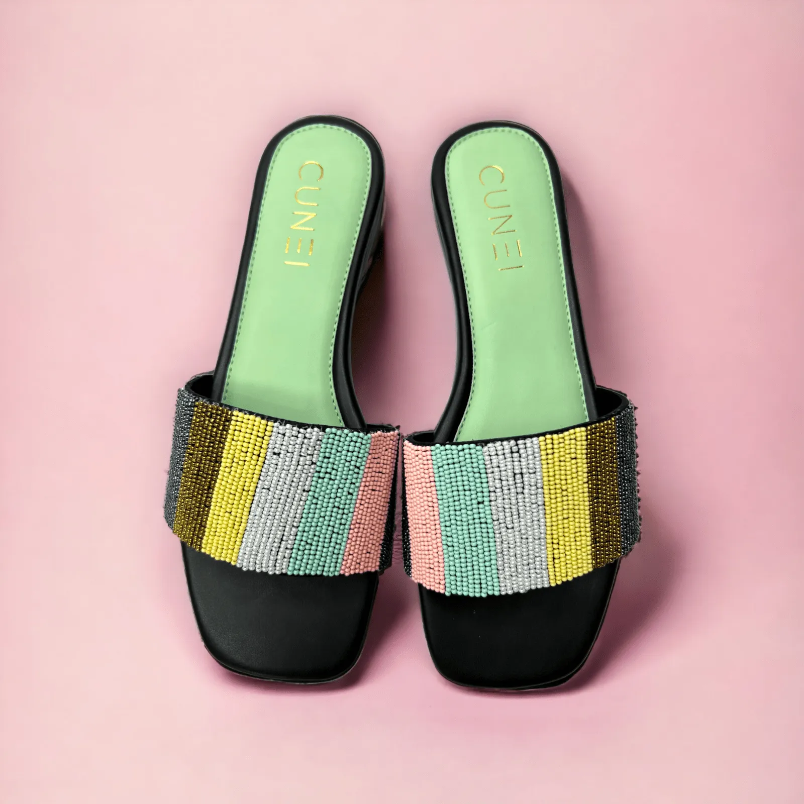 Pastel Green - Multicolored Beaded Flats