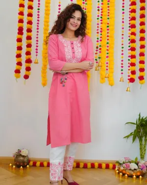 Pink And White Embroidered Kurta Set