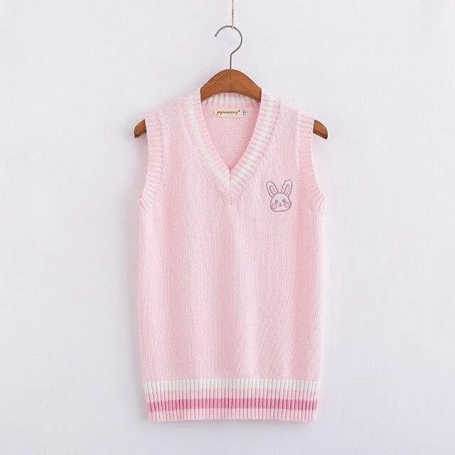 Pink Sweater Vest With Embroidered Bunny