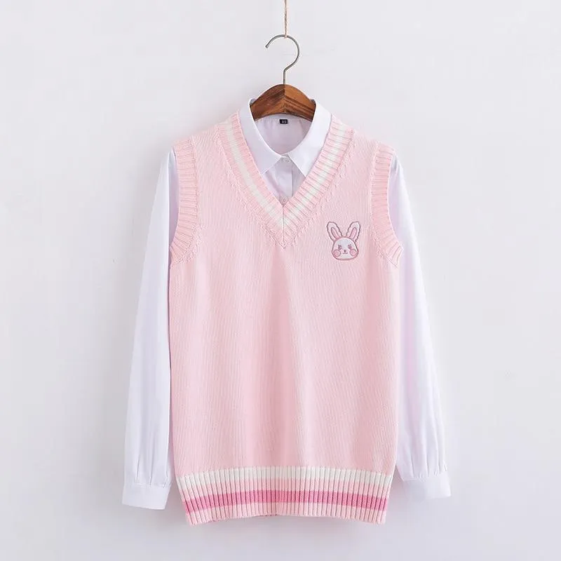 Pink Sweater Vest With Embroidered Bunny