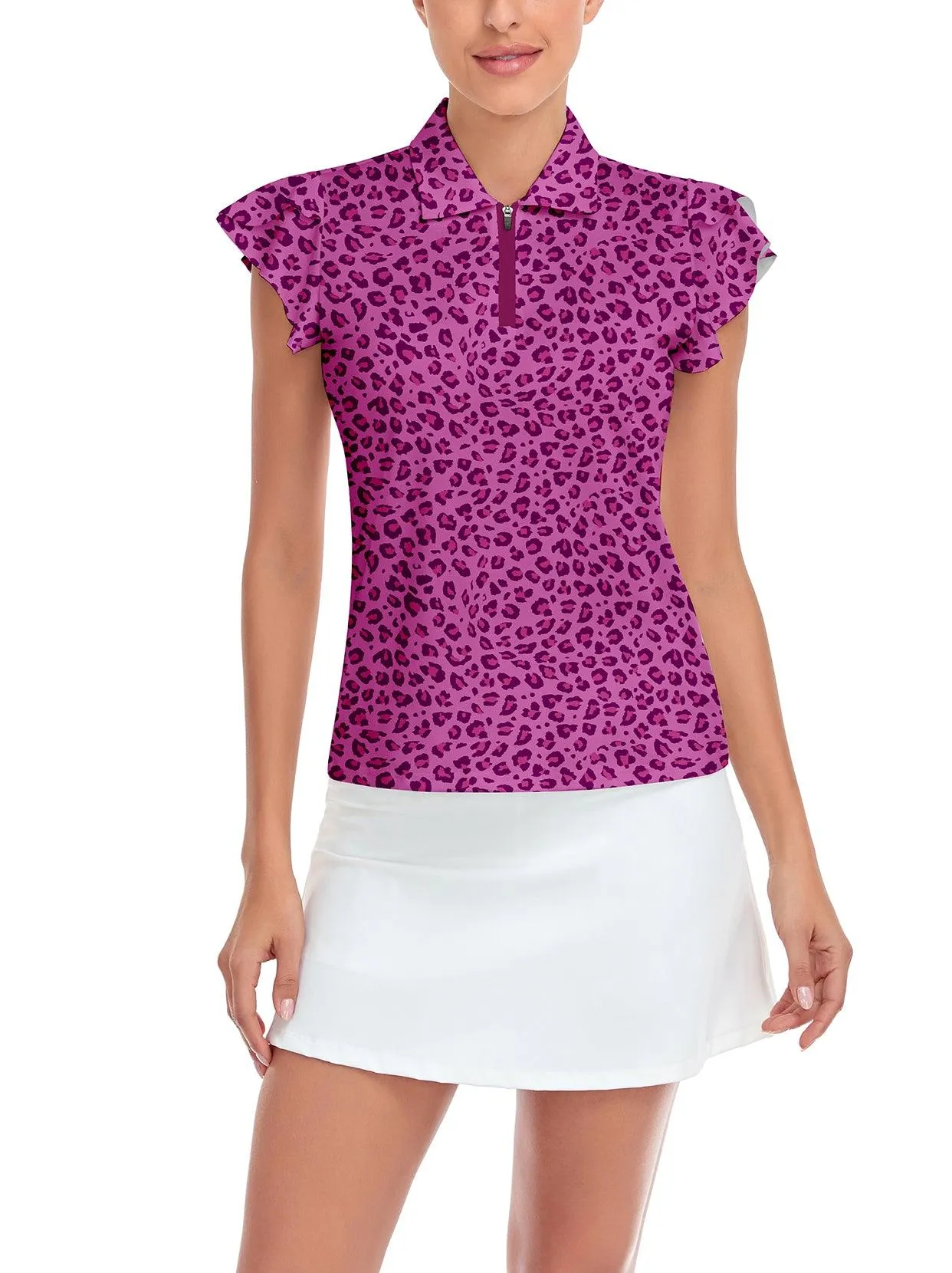 Purple Leopard Print Short-sleeve Golf Shirts for Women