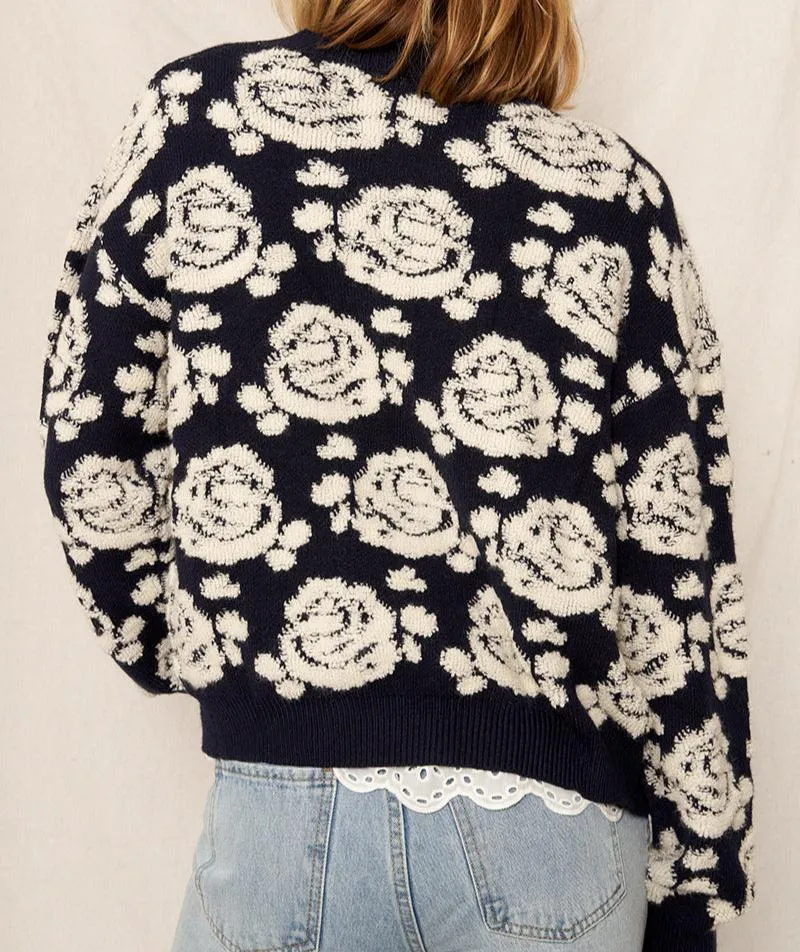 Rain   Rose Button Front Cardigan Sweater in Navy/Ivory