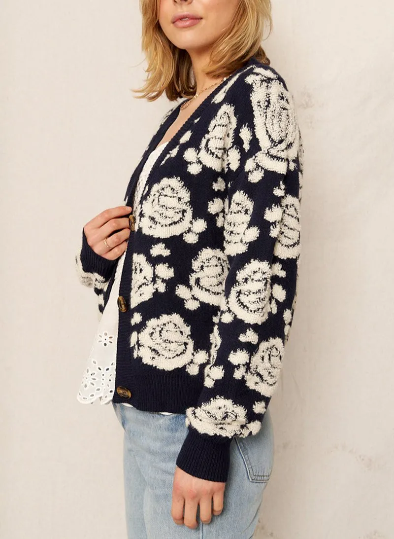 Rain   Rose Button Front Cardigan Sweater in Navy/Ivory