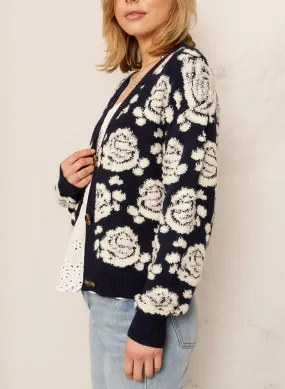 Rain   Rose Button Front Cardigan Sweater in Navy/Ivory