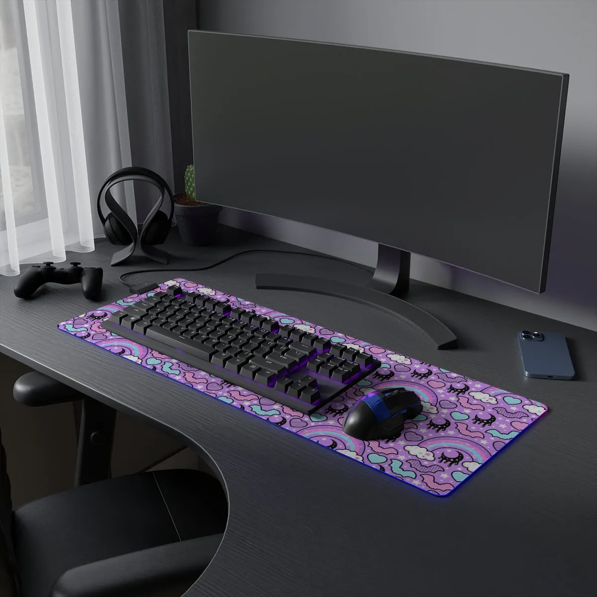 Rainbow Spooky Bats Purple LED Gaming Mouse Pad