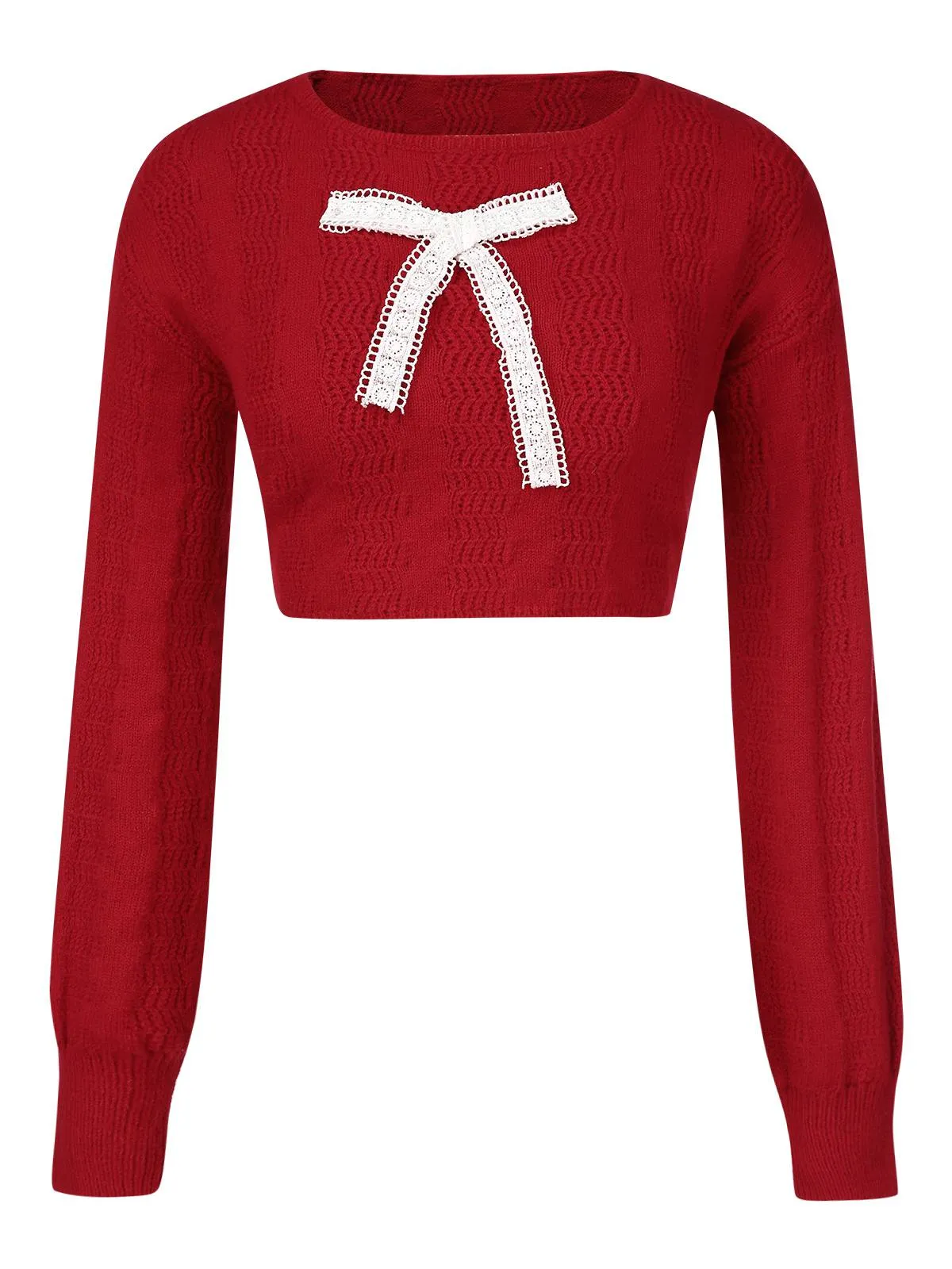 Red 1980s Christmas Bowknot Crop Sweater