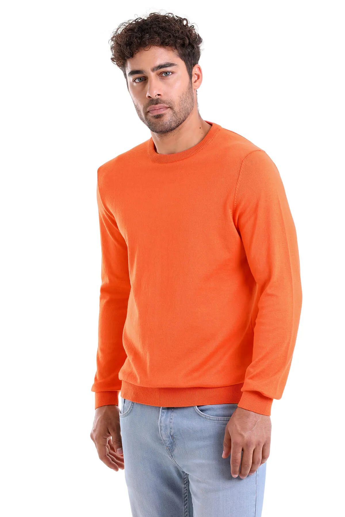 Regular Fit Plain Cotton Beige Crewneck Sweater, Salmon