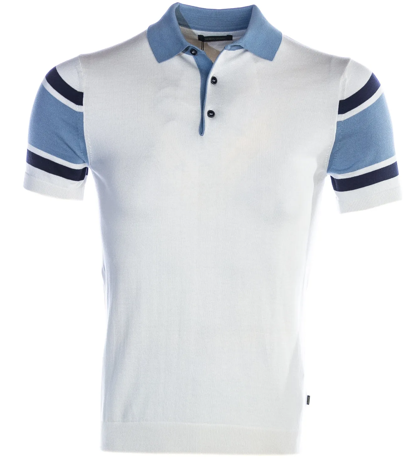 Remus Uomo Stripe Sleeve Knitted Polo Shirt in Off White