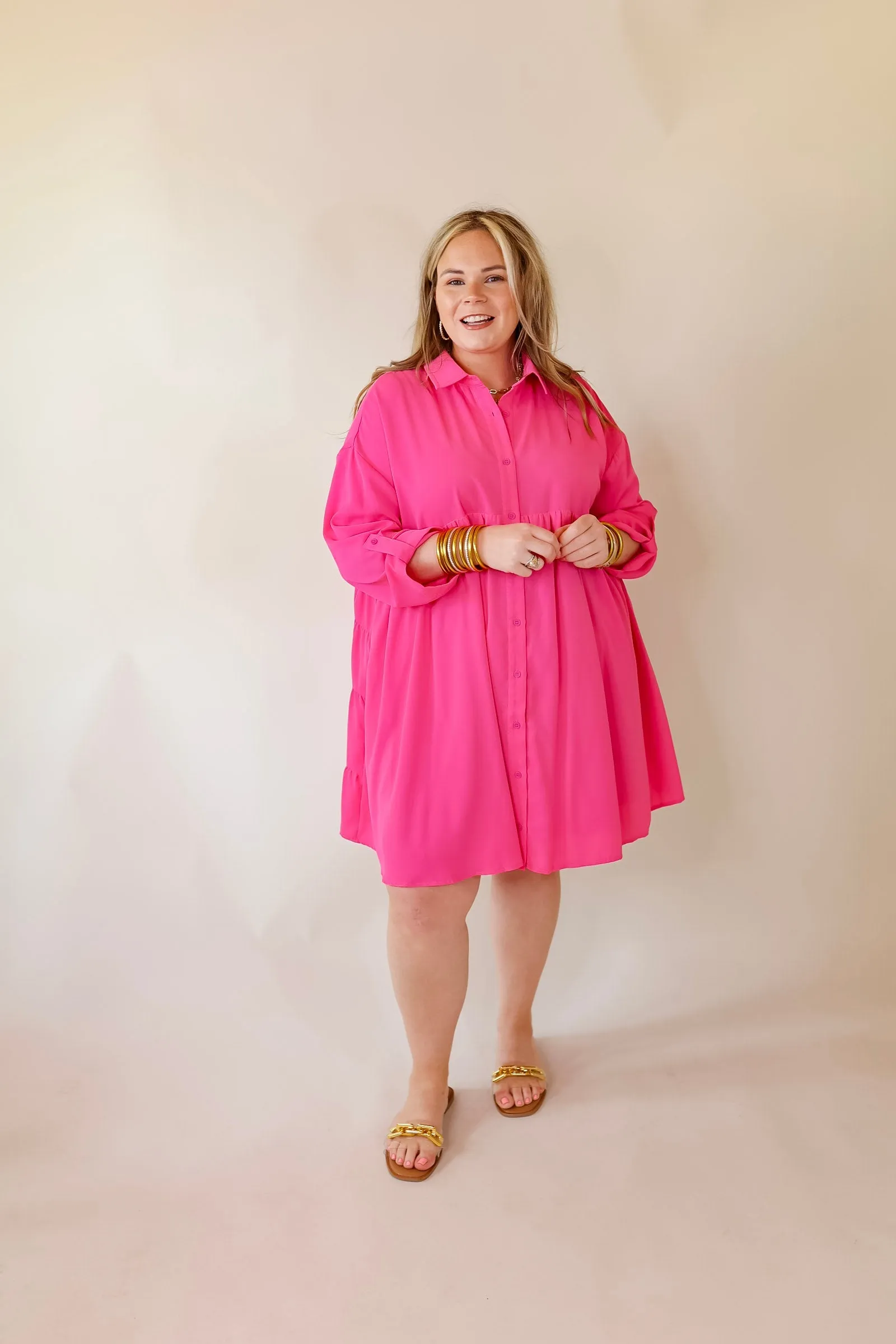 Risky Business Button Up Babydoll Dress in Pink