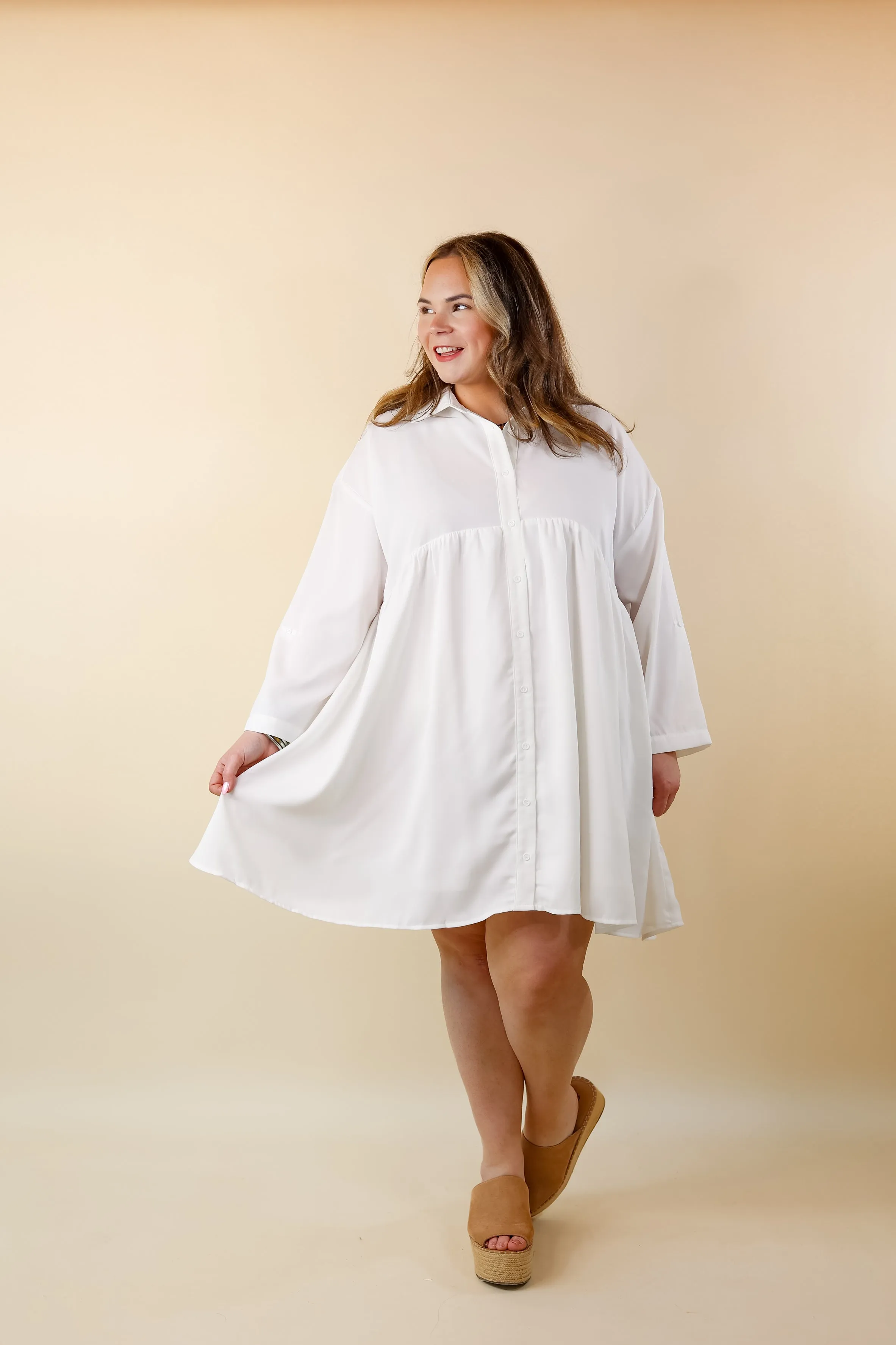 Risky Business Button Up Babydoll Dress in White