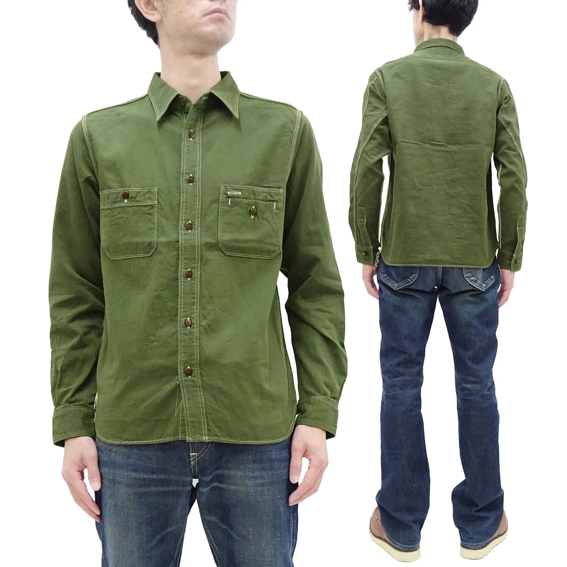 Samurai Jeans Herringbone Shirt Men's Long Sleeve Sulfur-Dyed Selvage HBT Button Up Work Shirt SJCBS24-HB Olive