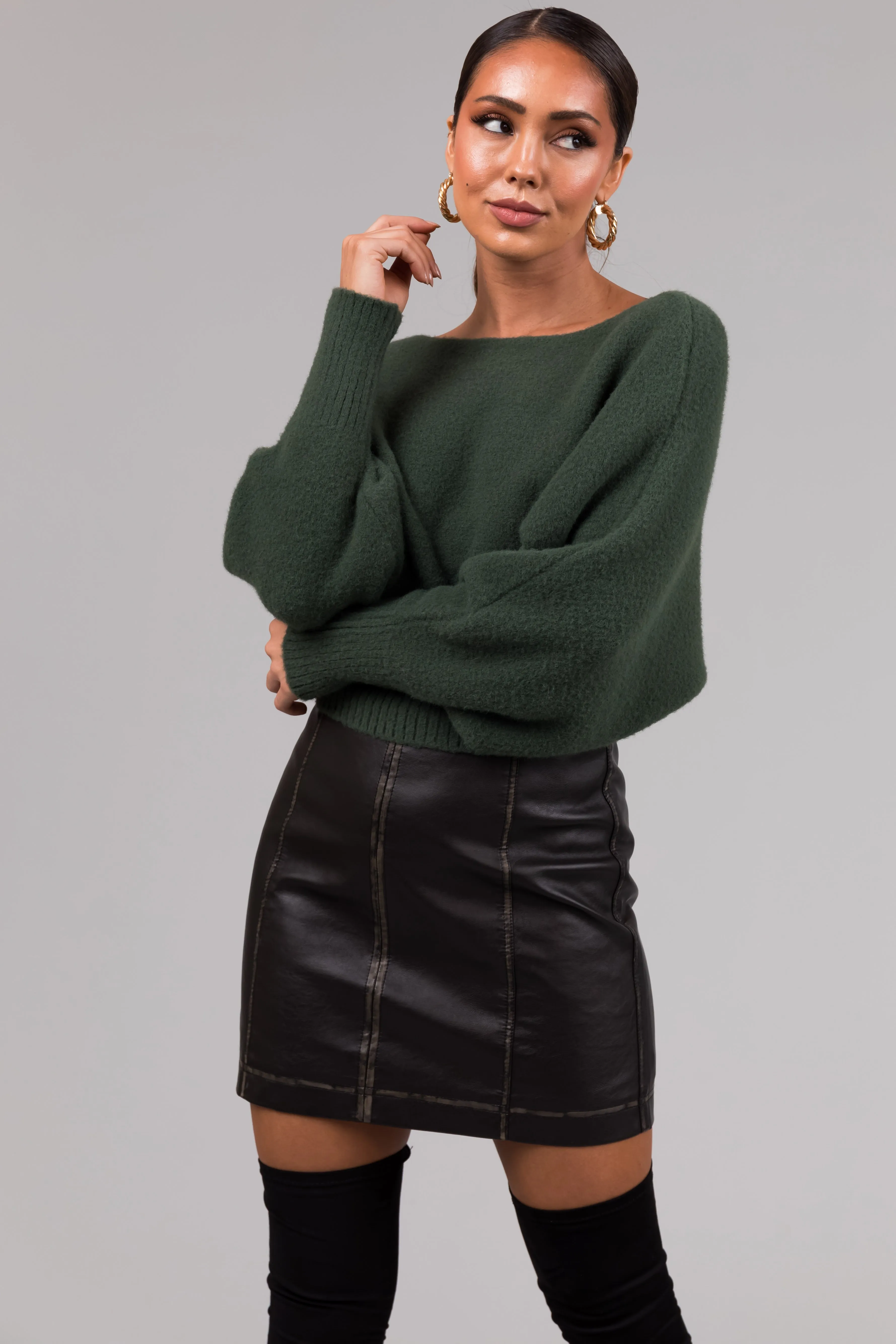 She Sky Olive Fuzzy Dolman Sleeve Sweater