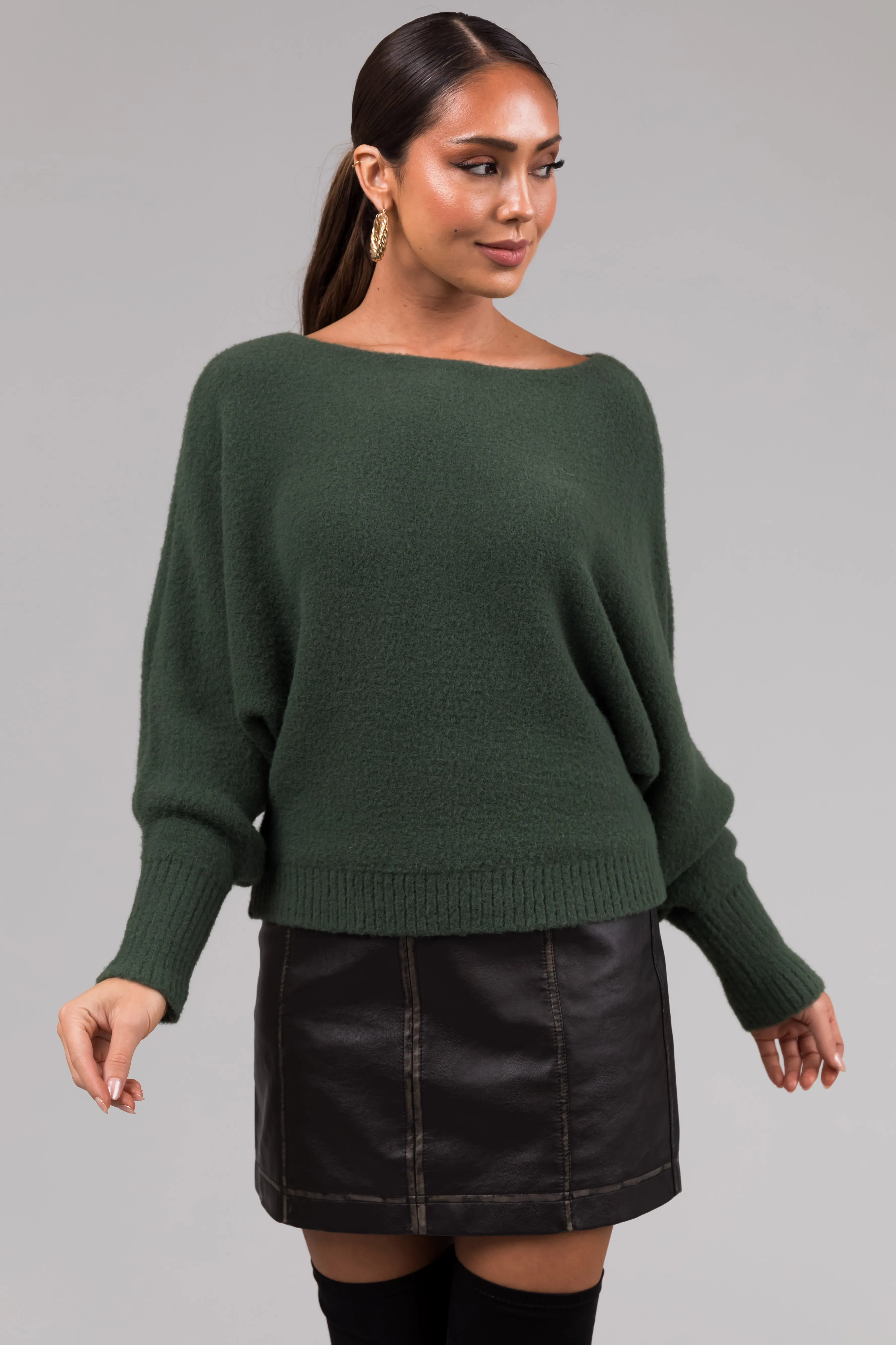 She Sky Olive Fuzzy Dolman Sleeve Sweater