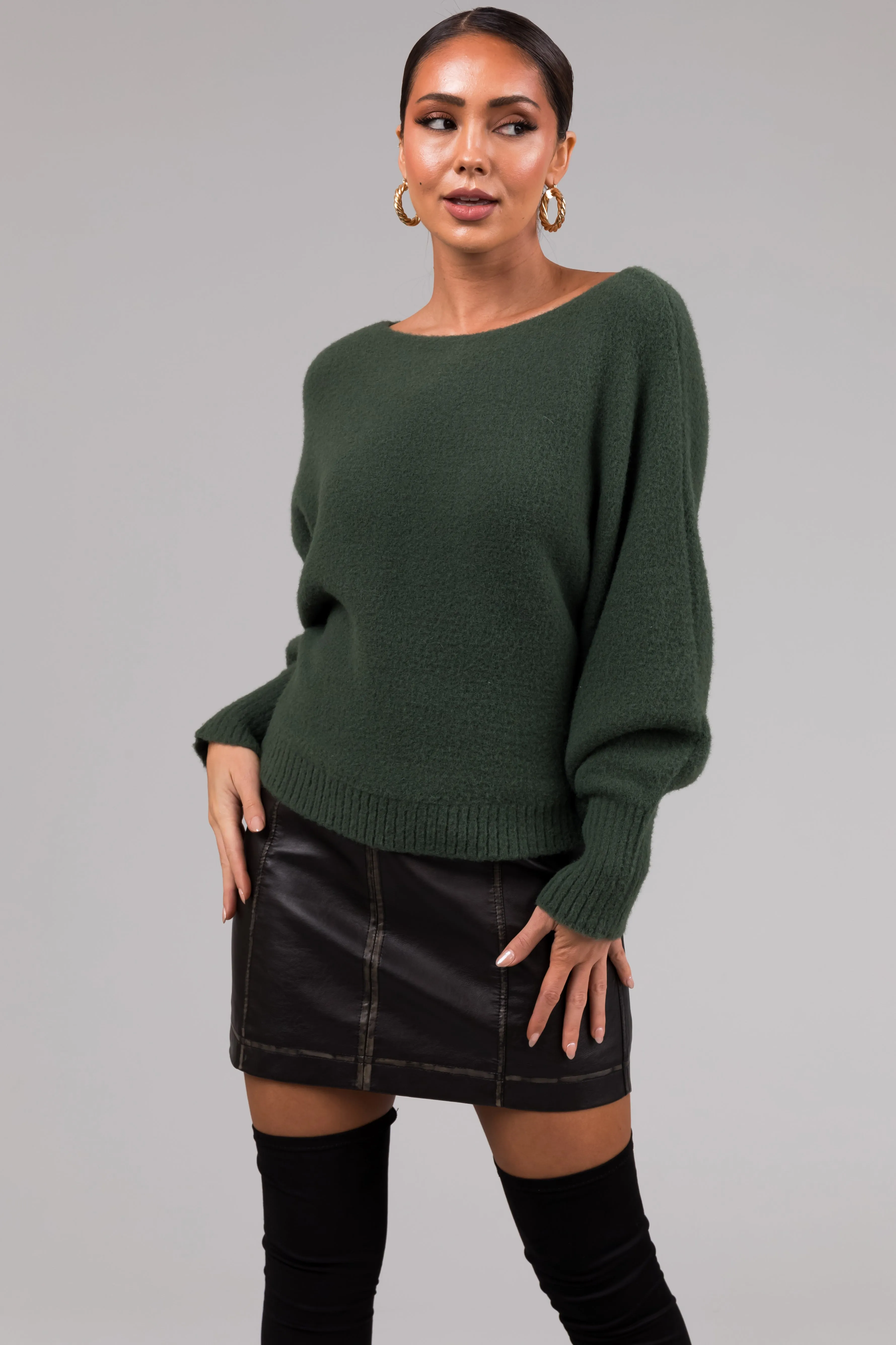 She Sky Olive Fuzzy Dolman Sleeve Sweater