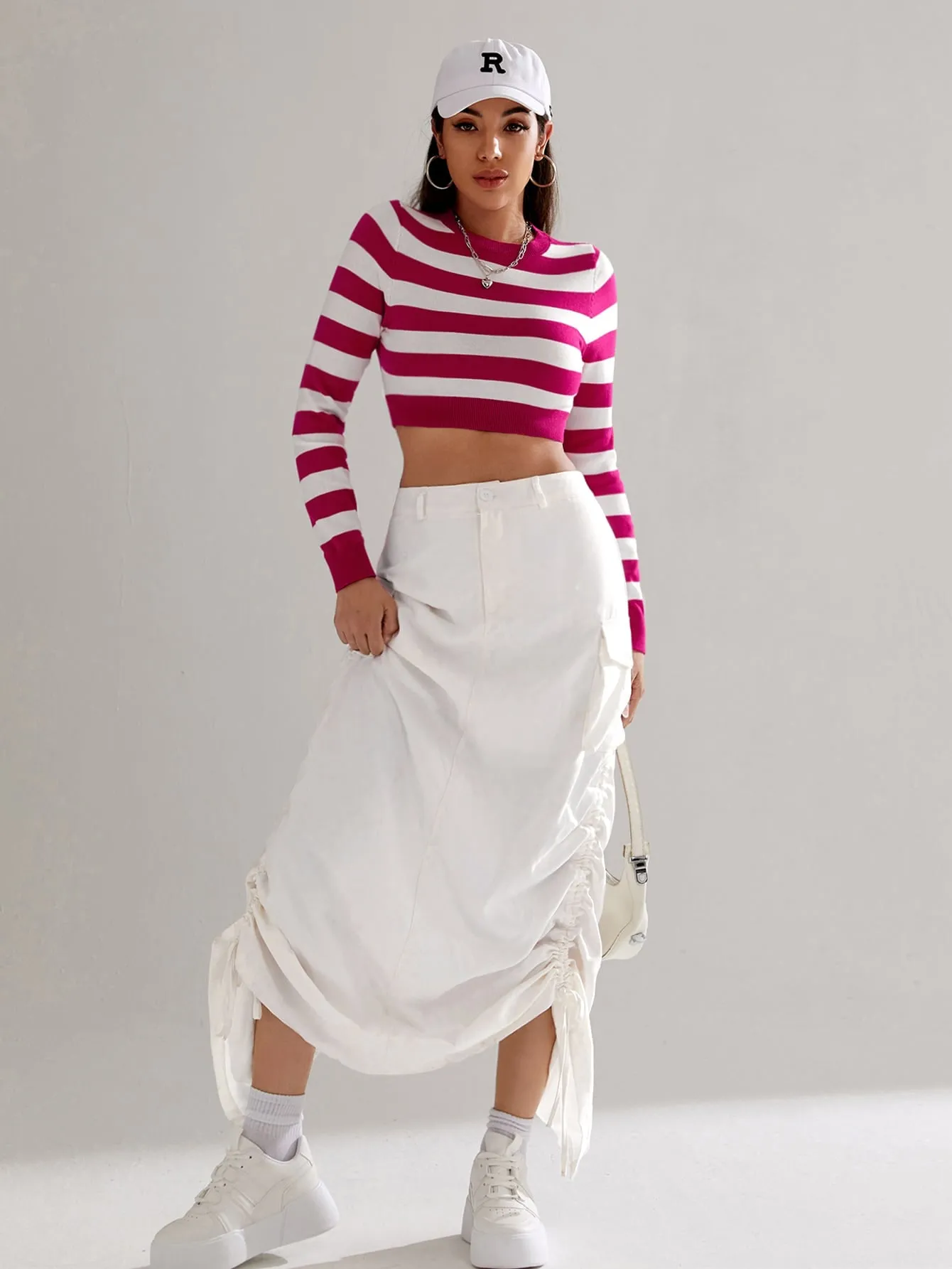 SHEIN Essnce Striped Pattern Crop Sweater