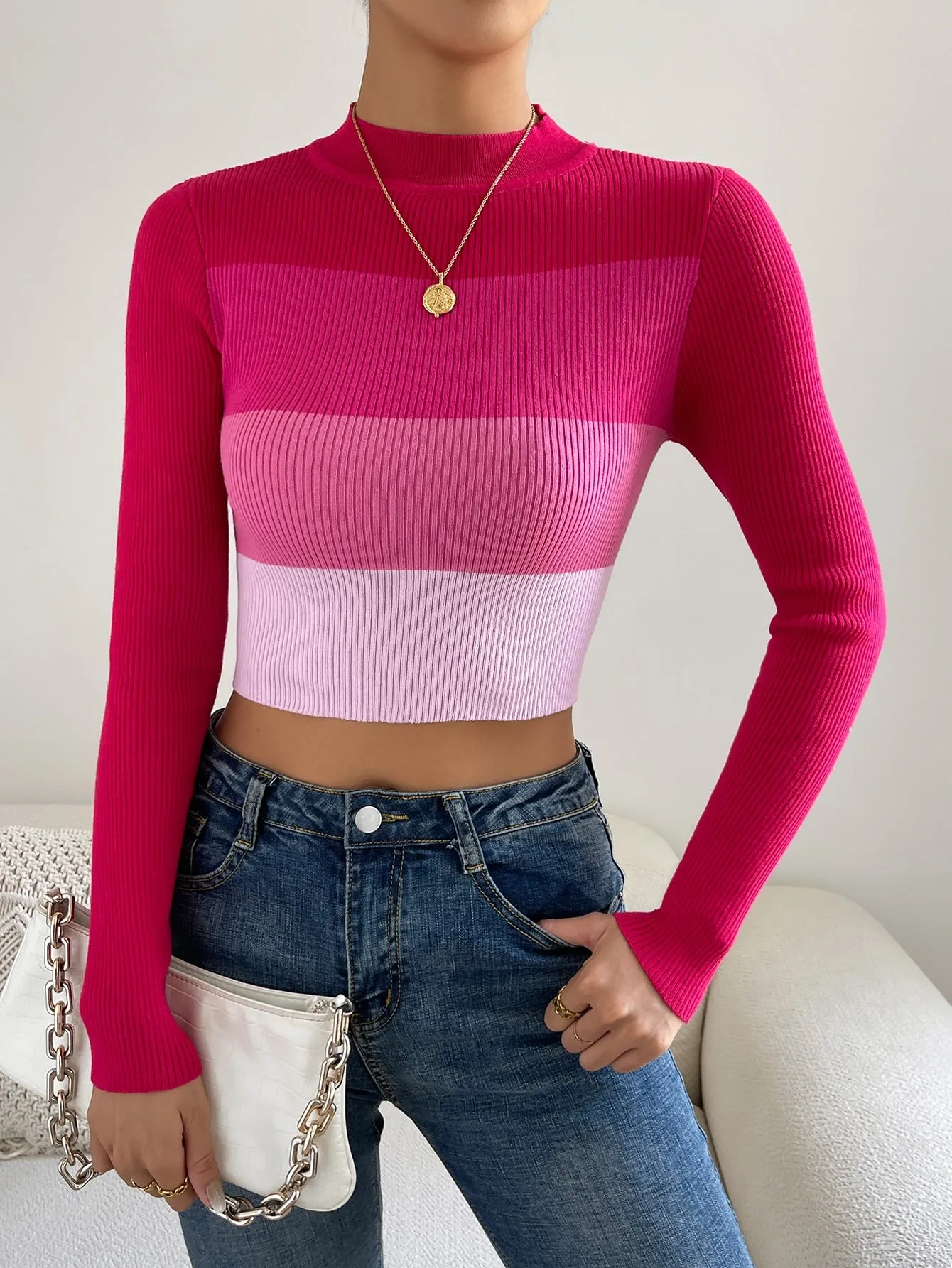 SHEIN Privé Colour Block Mock Neck Sweater